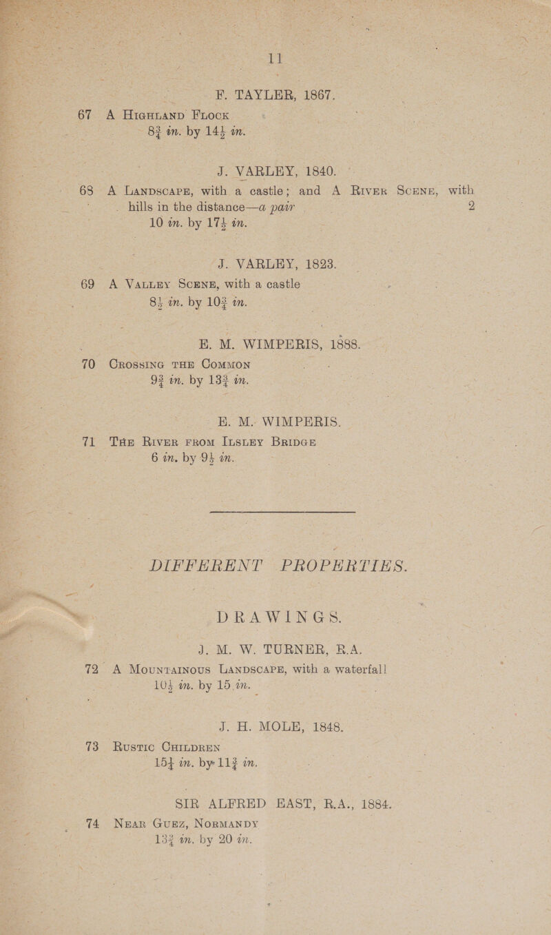  , F. TAYLER, 1867. ae 67 A HiaHnanp Frock i 3 BE m. by 143 am. &gt;) 3. NABLEY,- 1840. * 68 A ULanpscaps, with a castle; and A River Scenes, with . hills in the distance—a pacr : 2 10 in. by 174 in. | J. VARLEY, 1823. 69 A Vauuny Scene, with a castle | 81 im. by 103 om. E. M. WIMPERIS, 1888. 70 CRossING THE Comuon : 92 on. by 132 on. -E. M. WIMPERIS. 71 THe River rrom Insney Brmce _ 6 in. by 94 wm. |. |. DIFFERENT PROPERTIES. = DRAWINGS. -). M. W. TURNER, B.A, 72 A Mounrartnous LANDSCAPE, with a waterfall LOS an. by 15. 2n. J. H. MOLE, 1848. 13 Rustic CHILDREN 154 im. by 112 an. SIR ALFRED EAST, R.A., 1884. 74 Ngan Guez, NormManpy | 132 m. by 20 on.