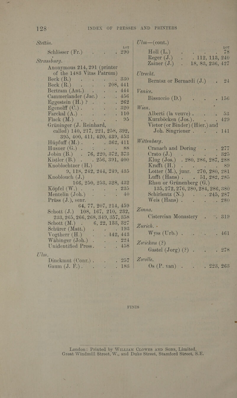 Stettin. LOT Schlosser (Fr. ) 290 Strassburg J. Anonymous 214, 291, (printer of the 1483 Vitas Patrum) Beck (B.) +330 Beck (R.) . 208, 441 Bertram (Ant.) . 444 Cammerlander (Jac.) . 456 Eegestein (H.) ? . 262 Egenolff (C.) . {820 Farckal (A.) . as a Flack (M.) 95 Griininger (J. Reinhard, call ed) 140, 217, 221,258; 392, 395, 400, 411 , 420, 439, 453 Hiupfuff (M.) , 362, 411 Husner (G.) 88 Jobin (B.) 76, 220, 372, 373 Kistler (B.) - 256, 391, 400 Knoblochtzer (H. ) 9, 118, 242, 244, 249, 435 Knoblouch (J.) 166, 2 50, 258, 328, 432  LOT Holl (1..) mpi Reger (J.) 112, 113, 240 Ziginer (222 18, 83, 236, 427 Utrecht. Berntsz or Rata (J.) 24 Venice. | Bissuccio (D.) 156 | Wien. Alberti (la veuve) . ay Kurzbécken (Jos.). . 429 Vietor (or Binder) .( Hier.) and Joh. Singriener . 141 Wittenberg. Cranach and Doring 277 Crato (J.) eo 325 Klug (Jos.) . 280, 286, 287, 288 Kyagit-CT.) &lt; aty eee eae Lotter (M.), junr. 270, 280, 281 Lufft (Hans) . Rhau or Griinenberg (G.) Képfel (W.) . . 235 135, 272, 276, 280, 284, 286, 380 Mentelin (Joh.) 40) Schirlentz (N.) . 245, 287 Priiss (J.), senr. Weis (Hans) . 280 64,77, 207, 214, 459. | Schott (J.) 108, 167, 210, 232, | Za. , 233, 265,266, 268, 349, 357, 358 Cistercian Monastery . 819 Schott (M.) G22 les, wer Fare Schirer (Matt. ) SP ALOS ee fe : Vogtherr (H.) , 442, 448 Wyss (Urb.) . . 461 Wahinger (Joh.) . ay poe neers Uaidoeehel ae . 458 | - — he me | Gastel (Jorg) (?) 278 Dinckmut (Conr.). -. . 257 | Zwolle. Gaum (J. F.). . 183 Os (P. van) 223, 263 FINIS ; 