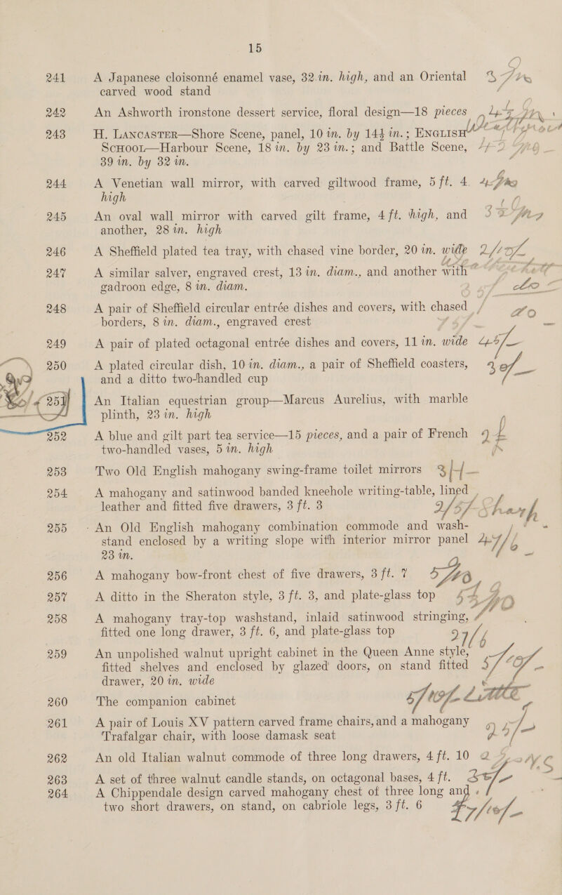 15 241 A Japanese cloisonné enamel vase, 32.1n. high, and an Oriental % 77 b carved wood stand / 242 An Ashworth ironstone dessert service, floral design—18 pieces . Lg DN * ° Lf th AA 4 t ¢ : Px 243 H. Lancaster—Shore Scene, panel, 101m. by 144 in. ; Enciisnh’” ryote f ScHoor—Harbour Scene, 18 in. by 231m.; and Battle Scene, // -~ 39 in. by 32 wm. 244 A Venetian wall mirror, with carved giltwood frame, 5ft. 4. Hig high | ; 245 An oval wall mirror with carved gilt frame, 4 ft. wegh, and another, 28 im. high 246 A Sheffield plated tea tray, with chased vine border, 20 in. wide Qf yl 247 A similar salver, engraved crest, 13 in. diam., and another with” or gadroon edge, 8 in. diam. Lo = 248 A pair of Sheffield circular entrée dishes and covers, with chased / We borders, 8 in. diam., engraved crest a &gt; i Te tet tad A pair of plated octagonal entrée dishes and covers, 11 in. wide “4-4/_ A plated circular dish, 101m. diam., a pair of Sheffield coasters, 7 o : and a ditto two-handled cup | — An Italian equestrian group—Marcus Aurelius, with marble plinth, 23 in. high | | A blue and gilt part tea service—15 pieces, and a pair of French 4) p two-handled vases, 5 wm. high in  253 Two Old English mahogany swing-frame toilet mirrors % H oe 254 A mahogany and satinwood banded kneehole writing-table, lined , / leather and fitted five drawers, 3 ft. 3 2 /. $ 7 Shays / 255 -An Old English mahogany combination commode and wash- ae stand enclosed by a writing slope with interior mirror panel w/ Zo Mm. f andl O 256 A mahogany bow-front chest of five drawers, 3 ft. 7 LE (257 A ditto in the Sheraton style, 3 ft. 3, and plate-glass top SA F, - 258 A mahogany tray-top washstand, inlaid satinwood stringing, / fitted one long drawer, 3 ft. 6, and plate-glass top 9 259 An unpolished walnut upright cabinet in the Queen Anne style, - ey LF fitted shelves and enclosed by glazed’ doors, on stand fitted 5 / &lt;a drawer, 20 in. wide aa   sf 260 The companion cabinet of Litt hol 261 A pair of Louis XV pattern carved frame chairs,and a mahogany ,. Trafalgar chair, with loose damask seat y, ‘ 262 An old Italian walnut commode of three long drawers, 4 ft. 10 a | WC 263 A set of three walnut candle stands, on octagonal bases, 4 ft. Se ec 264 A Chippendale design carved mahogany chest of three long and « / two short drawers, on stand, on cabriole legs, 3 ft. 6 : 7, ]
