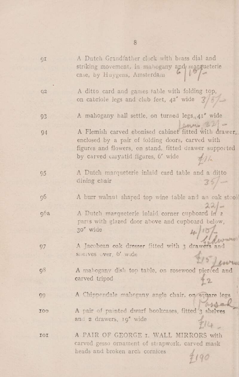 Q2 94 Oo ror 8 A Dutch Grandfather clock with brass dial and striking movement, in mahogany ap matf@ueterie case, by Huygens, Amsterdam Vo fo A ditto card and games table with folding top, | on cabriole legs and club feet, 42” wide 2/47. A mahogany hall settle, on turned legs,, 41” pie } og £4 Hy dew A Flemish carved ebonised cabinet fitted with rawer,, enclosed by a pair of folding doors, carved with figures and flowers, on stand, fitted drawer supported by carved caryatid figures, 6’ wide $71. A Dutch maraueterie inlaid card table and a ditto dining chair 3° Se A burr walnut shaped top wine table and an oak stco}l a2. y A Dutch marqueterie inlaid corner cupboard in 2 parts with glazed door above and sg * Rs 30” wide A Jacobean oak dresser fitted with 3 wallace Sieives over, 0° wide 4 i 4” A mahogany dish top table, on rosewood pierced sf carved tripod &lt;a A Chippendale mahcegany angle chair, oS wes legs | hs A pair of painted dwarf bookcases, fitted’3 shelves and 2 drawers, 19” wide A fle A PAIR OF GEORGE zr. WALL MIRRORS with carved gesso Ornament of strapwork, carved mask heads and broken arch cornices £190