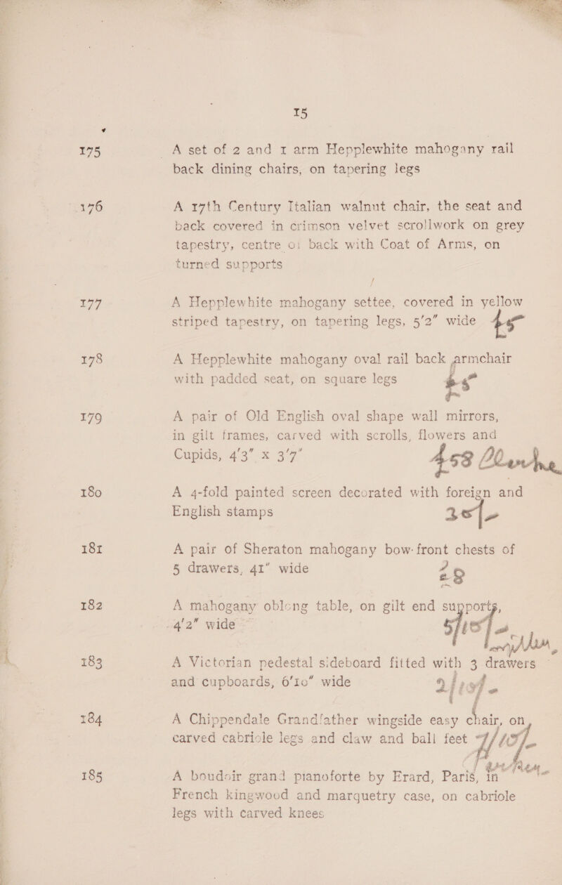 Se ea C 177 178 180 181 182  A set of 2 and 1 arm Hepplewhite mahogany rail back dining chairs, on tapering legs A 17th Century Italian walnut chair, the seat and back covered in crimson velvet scrollwork on grey tapestry, centre oi back with Coat of Arms, on / A Hepplewhite mahogany settee, covered in yellow A Hepplewhite mahogany oval rail back armchair with padded seat, on square legs +s A pair of Old English oval shape wall mirrors, in gilt frames, carved with scrolls, flowers and Cops, 43 = 97 458 Doors A 4-fold painted screen decorated with foreign and English stamps 36]- A pair of Sheraton mahogany bow: front chests of 5 drawers, 41” wide i&gt; A mahogany oblong table, on gilt end support   rd 4 Py &gt; 4 ‘ * ‘ Ms A Victorian pedestal sideboard fitted with 3 drawers — and cupboards, 6’10” wide afi ita Bee A Chippendale Grand/ather wingside easy chair, on ° : ce carved cabricle legs and claw and bali feet hed # : | tile A boudoir grand pianoforte by Erard, Paris, tn = French kingwoud and marguetry case, on cabriole legs with carved knees