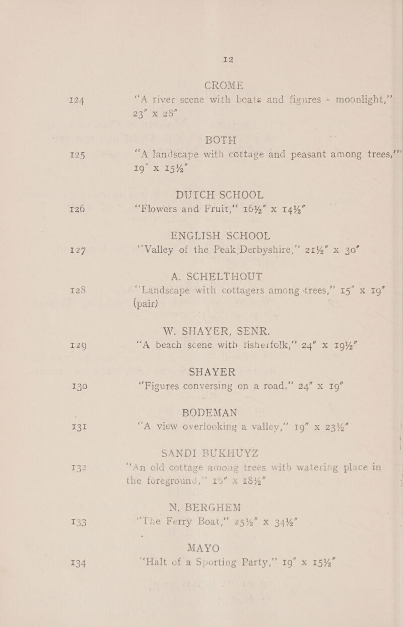 124 127 128 129 130 131 T33 134 IZ CROME ‘““A river scene with boats and figures - moonlight,’’ 7A lie Bes BOTH ‘A landscape with cottage and peasant among trees,’” 19° x 15%” DUTCH SCHOOL “Flowers and Fruit,’’ 16%” x 14%” ENGLISH SCHOOL | “Valley of the Peak;Derbyshire,’ 21%” x 30” A. SCHELTHOUT “Landscape with cottagers among ‘trees,’ 15” x IQ” (pair) % W. SHAYER, SENR. “A beach scene with tisherfolk,” 24” x 19%” SHAYER “Figures conversing on a road,” 24” x 19” BODEMAN “A view overlooking a valley,” 19” x 23%” SANDI BUKHUYZ “An old cottage among trees with watering place in the foreground,’’ 16” x 18%” N. BERGHEM “The Ferry Boat,” u 25% X 34% MAYO “Halt of a Sporting Party,” 19” x 15%” 
