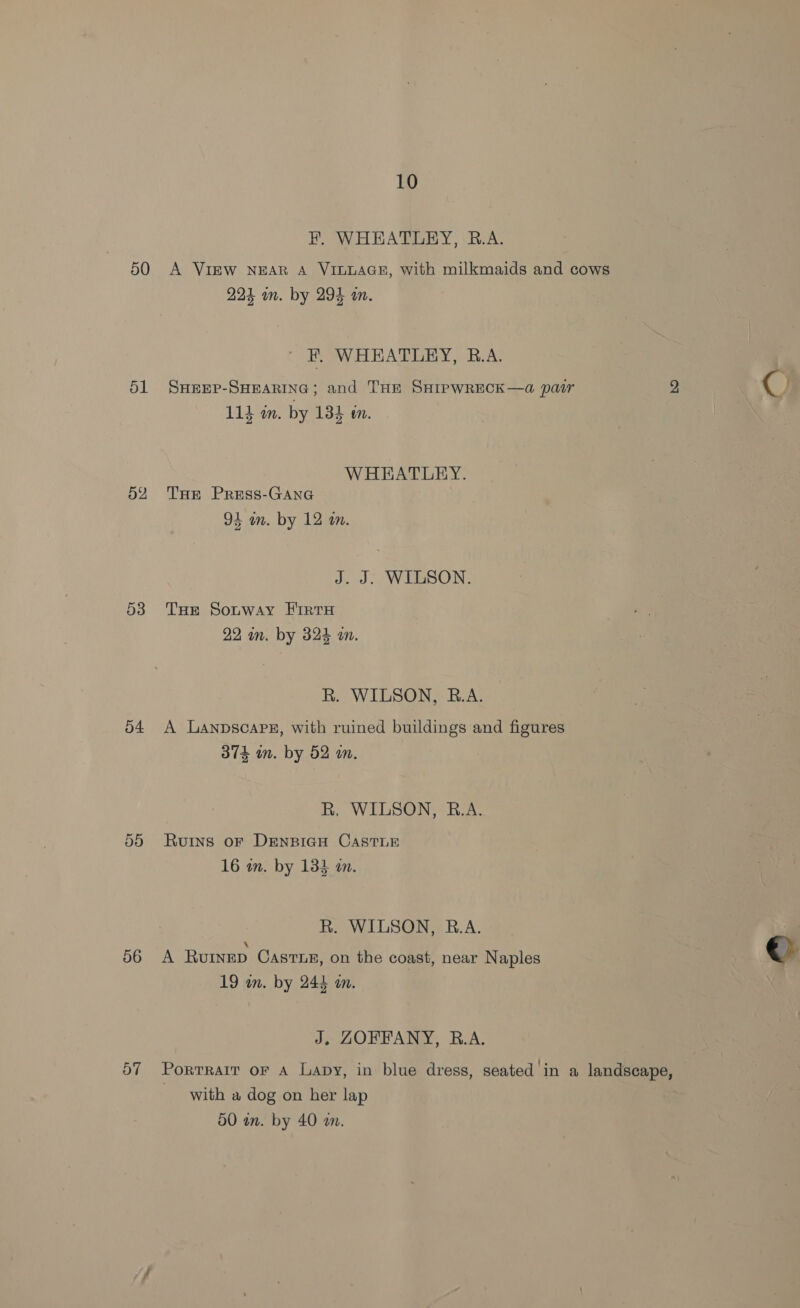 51 52 53 54 ay) 56 10 BF. WHEATLEY, B.A. A VIEW NEAR A VILLAGE, with milkmaids and cows 22% on. by 294 a. F. WHEATLEY, R.A. SHEEP-SHEARING; and THE SHIPWRECK—a pair 2 : on 114 m. by 134 em. WHEATLEY. THe Press-GAnG 94 on. by 12 an. J. J. WILSON. THe Sotway EirtTa 22 wm. by 324 a. R. WILSON, B.A. A Lanpscapez, with ruined buildings and figures 374 in. by 52 m. R, WILSON, B.A. Ruins oF DENBIGH CASTLE 16 in. by 135 wm. R. WILSON, B.A. A Ruinep CasTLe, on the coast, near Naples 19 am. by 244 an. J. ZOFFANY, B.A. Portrait oF A Lapy, in blue dress, seated in a landscape, with a dog on her lap 50 in. by 40 a.