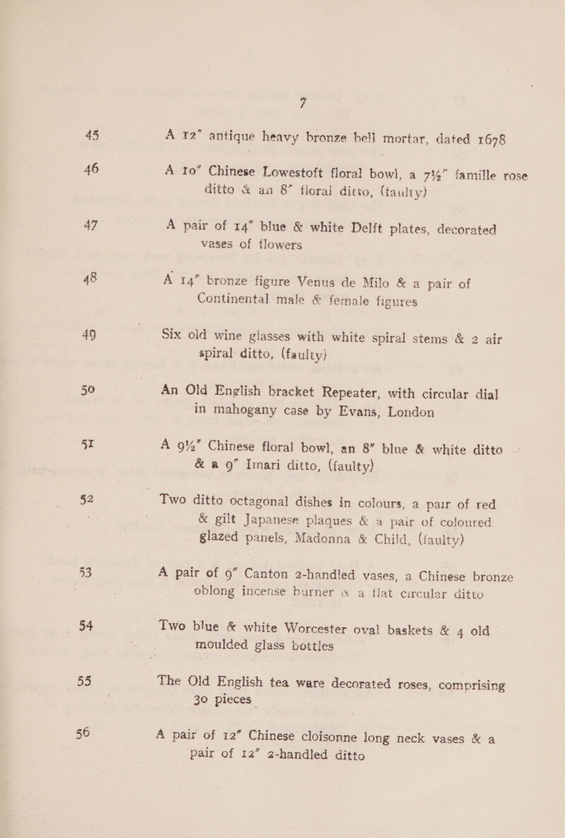 45 46 47 48 49 50 SI §2 _ 34 55 56 7 A 12” antique heavy bronze hell mortar, dated 1698 A to” Chinese Lowestoft floral bowl, a 7% iamille rose ditto &amp; an 8 floral ditto, (faulty) A pair of 14” blue &amp; white Delft plates, decorated vases of flowers A 14 bronze figure Venus de Milo &amp; a pair of Continental male &amp; female figures Six old wine glasses with white spiral stems &amp; 2 air spiral ditto, (faulty) An Old English bracket Repeater, with circular dial in mahogany case by Evans, London A 9% Chinese floral bowl, an 8” blue &amp; white ditto &amp; a 9 Imari ditto, (faulty) Two ditto octagonal dishes in colours, a pair of red &amp; gilt Japanese plaques &amp; a pair of coloured glazed panels, Madonna &amp; Child, (faulty) A pair of 9” Canton 2-handled vases, a Chinese bronze oblong incense burner « a flat circular ditto moulded glass bottles The Old English tea ware decorated roses, comprising 30 pieces” A pair of 12” Chinese cloisonne long neck vases &amp; a pair of 12” 2-handled ditto