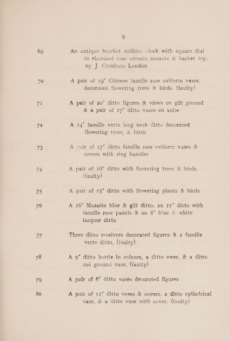 69 ve) 7é@ 73 74 73 76 if 9 An antique bracket strikinc clock with square dia! in ebonised case ormolu mounts &amp; basket top, by J. Crubham London A pair of 19” Chinese famille rose oviform vases, decorated flowering trees &amp; birds, (faulty) A pair of 20” ditto figures &amp; views on gilt ground &amp; a pair of 17” ditto vases en suite A 14 famille verte long neck ditto decorated flowering trees, &amp; birds A pair of 17” ditto famille rose oviform vases &amp; covers with ring handles A pair of 16” ditto with flowering trees &amp; birds, (faulty) A pair of 15 ditto with flowering plants &amp; birds A 16” Mazarin blue &amp; gilt ditto, an 11” ditto with famille rose panels &amp; an 8” blue &amp; white lacquer ditto Three ditto receivers decorated figures &amp; a famille verte ditto, (faulty) A 9” ditto bottle in colours, a ditto ewer, &amp; a ditto red ground vase, (faulty) A pair of 6” ditto vases decorated figures vase, &amp; a ditto vase with cover, (faulty)