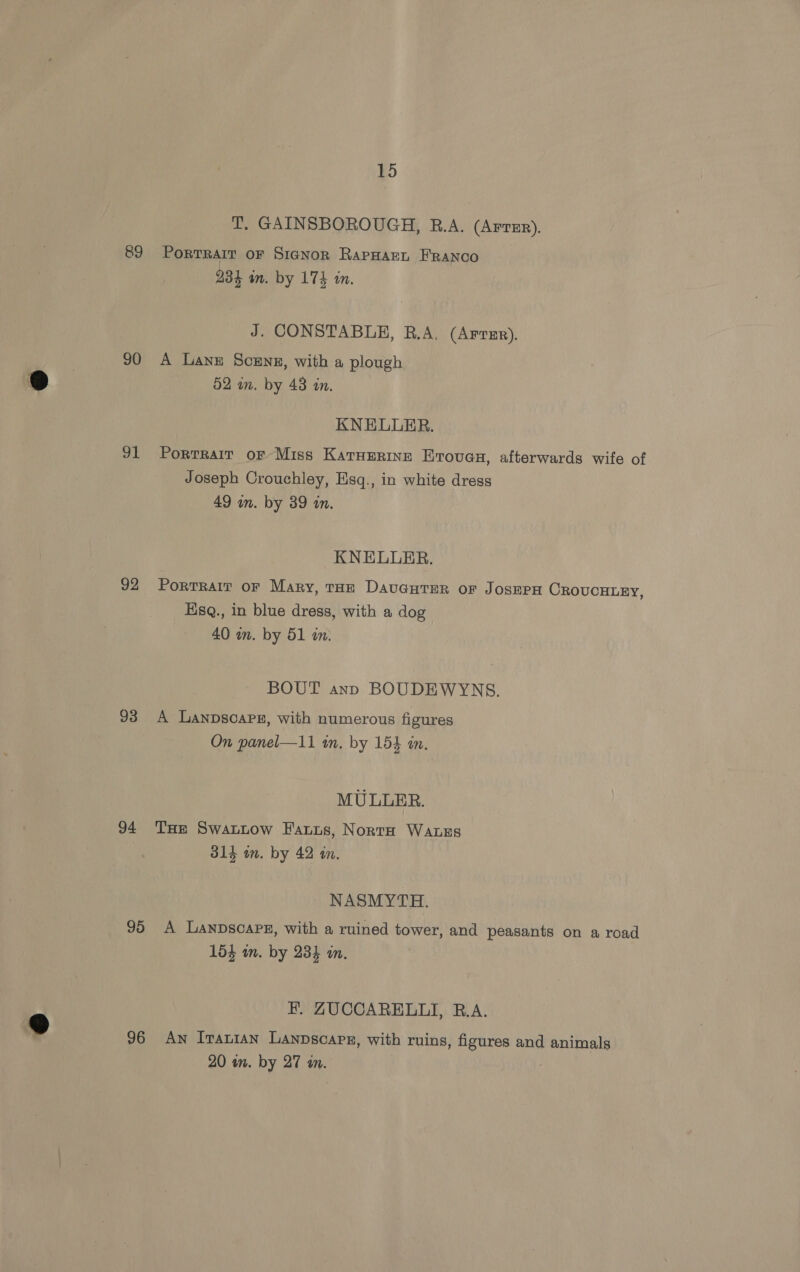 89 90 gL 92 93 94 iy T, GAINSBOROUGH, R.A. (AFTER). Portrait or Signor RapHarn Franco 234 an. by 174 an. J. CONSTABLE, R.A, (Arrer). A Lane Scenz, with a plough 52 in. by 43 tn. KNELUER. Porrrair of Miss Karusrine Erouas, afterwards wife of Joseph Crouchley, Esq., in white dress 49 in. by 39 in. KNELLER. Portrait oF Mary, tae DAvGHTER oF JOSEPH CROUCHLEY, Hsq., in blue dress, with a dog 40 wm. by 51 i. BOUT ann BOUDEWYNS. A Lanpscapg, with numerous figures On panel—11 in, by 154 in. MULLER. THe Swattow Farts, Norra Waxes 314 in. by 42 in. NASMYTH. 15$ wn. by 234 in. F. ZUCCARELLI, R.A.