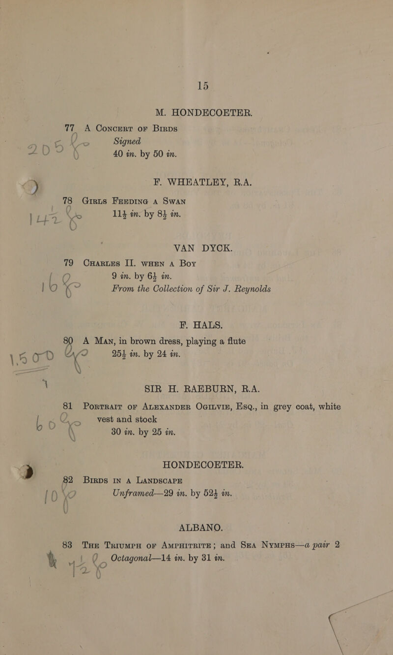 M. HONDECOETER. 77 A Concert oF Birps a eX Signed +U~ § 40 in. by 50 in. F. WHEATLEY, R.A. 78 Girus Faxpine a Swan |UD © 114 in. by 85 am. VAN DYCK. 79 Carrs II. wHen a Boy es 9 wn. by 64 in. eK * From the Collection of Sir J. Reynolds F. HALS. 80 A Man, in brown dress, playing a flute 15 ED ny o, 254 in. by 24 in. 1 SIR H. RAEBURN, B.A. 81 Portrait oF ALEXANDER Oattvis, Esq., in grey coat, white { - Lie vest and stock ra \ 30 m. by 25 wm. at > HONDECOETER. 82 Brirps in A LANDSCAPE lt) YO Unframed—29 in. by 524 an. od ALBANO. 83 THe Triumen or AMPHITRITE; and Sea Nympus—a pair 2 0 _ Octagonal—14 in. by 31 in. a eg i = é