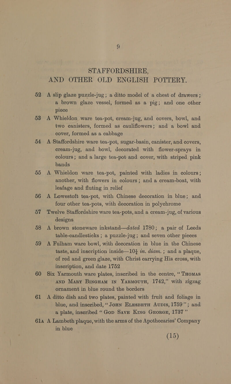 53 54 50 56 57 58 89 60 61 STAFFORDSHIRE, AND OTHER OLD ENGLISH POTTERY. a brown glaze vessel, formed as a pig; and one other piece A Whieldon ware tea-pot, cream-jug, and covers, bowl, and two canisters, formed as cauliflowers; and a bowl and cover, formed as a cabbage A Staffordshire ware tea-pot, sugar-basin, canister, and covers, cream-jug, and bowl, decorated with flower-sprays in colours; and a large tea-pot and cover, with striped pink bands A Whieldon ware tea-pot, painted with ladies in colours; another, with flowers in colours; and a cream-boat, with leafage and fluting in relief A Lowestoft tea-pot, with Chinese decoration in blue; and four other tea-pots, with decoration in polychrome Twelve Staffordshire ware tea-pots, and a cream-jug, of various designs A brown stoneware inkstand—dated 1780; a pair of Leeds table-candlesticks ; a puzzle-jug; and seven other pieces A Fulham ware bowl, with decoration in blue in the Chinese taste, and inscription inside—10+4 im. diam. ; and a plaque, of red and green glaze, with Christ carrying His cross, with inscription, and date 1752 Six Yarmouth ware plates, inscribed in the centre, ‘‘ THomas AND Mary BineHam IN YarmoutTH, 1742,” with zigzag ornament in blue round the borders A ditto dish and two plates, painted with fruit and foliage in blue, and inscribed, ‘‘JoHn ELespetH Avupis, 1759”; and a plate, inscribed “Gop Save Kine Grores, 1737 ” in blue (15)