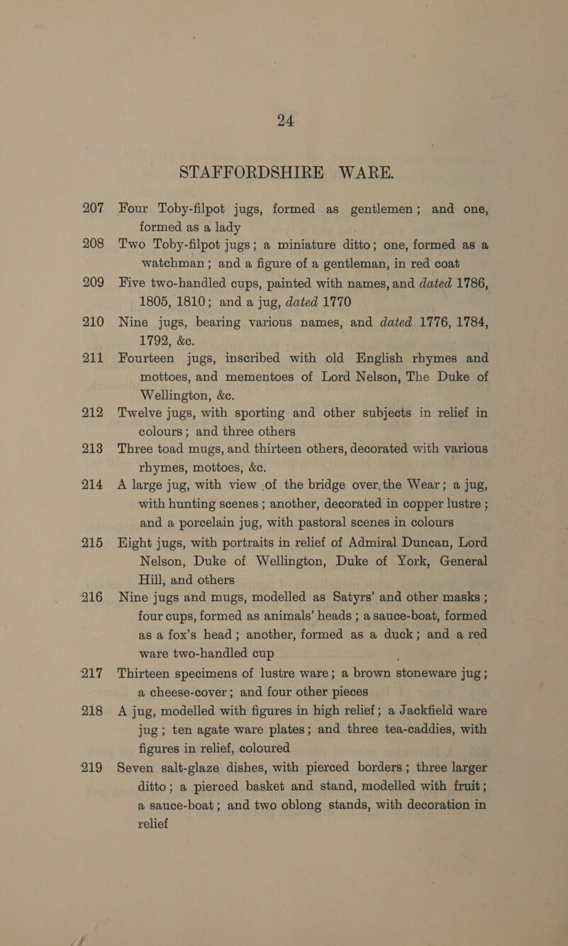 207 208 209 210 211 212 213 214 215 217 218 219 24 STAFFORDSHIRE WARE. Four Toby-filpot jugs, formed as gentlemen; and one, formed as a lady . Two Toby-filpot jugs; a miniature ditto; one, formed as a watchman; and a figure of a gentleman, in red coat Five two-handled cups, painted with names, and dated 1786, 1805, 1810; and a jug, dated 1770 Nine jugs, bearing various names, and dated 1776, 1784, 1792, &amp;e. Fourteen jugs, inscribed with old English slevnee and mottoes, and mementoes of Lord Nelson, The Duke of Wellington, &amp;c. Twelve jugs, with sporting and other subjects in relief in colours; and three others Three toad mugs, and thirteen others, decorated with various rhymes, mottoes, &amp;c. A large jug, with view .of the bridge over, the Wear; a jug, with hunting scenes ; another, decorated in copper lustre ; and a porcelain jug, with pastoral scenes in colours Kight jugs, with portraits in relief of Admiral Duncan, Lord Nelson, Duke of Wellington, Duke of York, General Hill, and others Nine jugs and mugs, modelled as Satyrs’ and other masks ; four cups, formed as animals’ heads ; a sauce-boat, formed as a fox’s head; another, formed as a duck; and a red ware two-handled cup | Thirteen specimens of lustre ware; a brown siohenaes jug; a, cheese-cover ; and four other pieces A jug, modelled with figures in high relief; a Jackfield ware jug; ten agate ware plates; and three tea-caddies, with figures in relief, coloured Seven salt-glaze dishes, with pierced borders; three larger ditto; a pierced basket and stand, modelled with fruit ; a sauce-boat; and two oblong stands, with decoration in relief