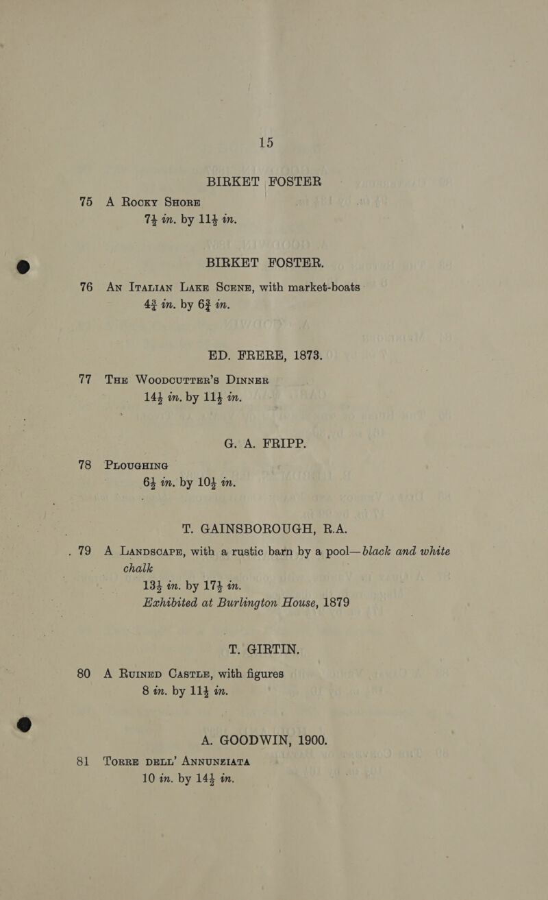 75 76 17 78 ito 80 81 15 BIRKET FOSTER A Rocky SHORE 74 mm. by 114 an. BIRKET FOSTER. An Iranian Lake ScENE, with market-boats 43 in. by 6} in. ED. FRERH, 1873. THE Woopcutter’s DINNER 144 im. by 114 im. G. A. FRIPP. 64 am. by 104 m. T. GAINSBOROUGH, R.A. A Lanpsoaps, with a rustic barn by a pool—black and white chalk | 184 in. by 174 in. Hxhibited at Burlington House, 1879 T. GIRTIN. A Ruinep CastTxe, with figures 8 in. by 114 in. A. GOODWIN, 1900. TORRE DELL’ ANNUNZIATA