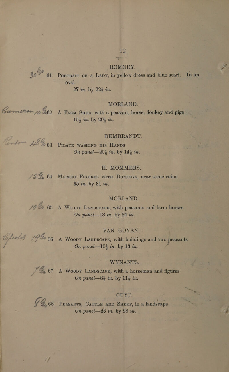 S63 12 ROMNEY. Portrait oF A Lapy, in yellow dress and blue scarf. oval 27 in. by 22% an. In an MORLAND. A Farm SHED, with a peasant, horse, donkey and pigs 154 an. by 204 m. REMBRANDT. PILATE WASHING HIS HANDS On panel—204 in. by 144 an. H. MOMMERS. Market Figures witH DonkryYs, near some ruins 30 in. by 31 m. MORLAND. A Woopy Lanpscapez, with peasants and farm horses On panel—18 in. by 24 an. VAN GOYEN. A Woopy Lanpscape4, with buildings and two peasants On panel—10$ on. by 13 tn. WYNANTS. A Woopy Lanpscapez, with a horseman and figures On panel—84 in. by 114 in. TY PB. PEASANTS, CATTLE AND SHEEP, in a landscape On panel—23 in. by 28 wn.
