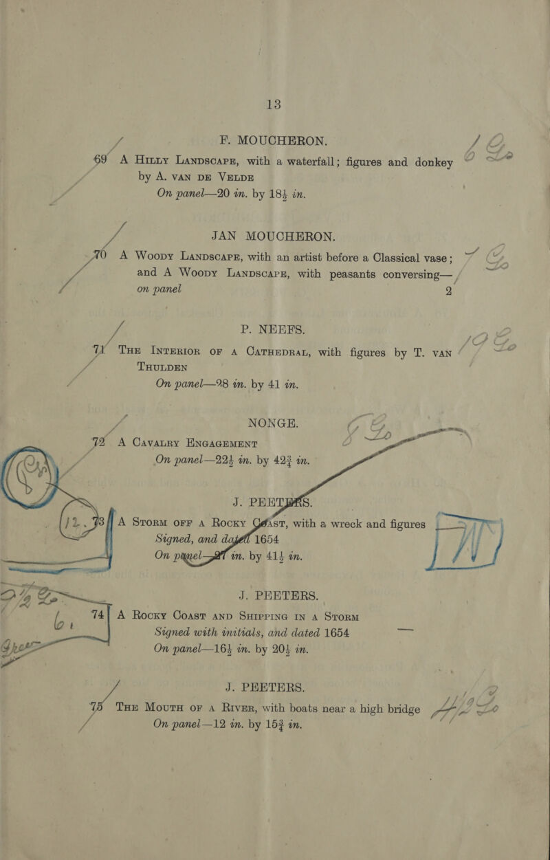 y F. MOUCHERON. / 69 A Hinty Lanpscaps, with a waterfall; figures and donkey ~ ~~ by A. vAN DE VELDE On panel—20 in. by 184 in. JAN MOUCHERON. ad 0 A Woopy LanpscaPez, with an artist before a Classical vase ; Sf and A Woopy Lanpscaps, with peasants conversing— | pia on panel 2 P. NEEEFS. TW Tue InTERIOR OF A CATHEDRAL, with figures by T. vAN ee / THULDEN On panel—?8 on. by 41 an. f NONGE. (, A CavaLry ENGAGEMENT , On panel—224 mm. by 423 a.     Signed with mmtials, and dated 1654 aay On panel—164 wn. by 205 an. wi J. PEETERS. /, 8 75 Tue Movurs or a River, with boats near a high bridge tes oe