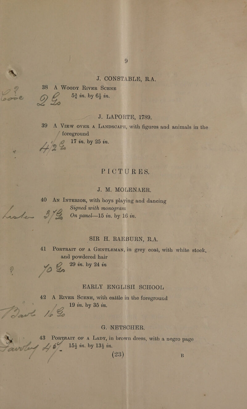 J. CONSTABLE, R.A. iy 38 A Woopy River Scene We 2 A oF mm. by 64 in. Lo iO J. LAPORTE, 1789. 39 A Virw over a Lanpscarr, with figures and animals in the ' foreground , ¢ G@ Tm. by 25 in. A RECT U Reis: J. M. MOLENARBR. 40 An Inrerror, with boys playing and dancing Signed with monogram par” oils Y, / G On panel—15 in. by 16 in. SIR H. RAEBURN, B.A. 41 Portrait oF A GENTLEMAN, in grey coat, with white stock, and powdered hair 29 an. by 24 in Fg y g) 2) C. 4 ; HARLY ENGLISH SCHOOL 42 A River Scene, with cattle in the foreground oes 8 ) 19 in. by 35 in. ee 4 G. NETSCHER, | 43 Portrait or A Lapy, in brown dress, with a negro page oS ttt L/6% 15h in. by 134 in. Cee + ar, = e