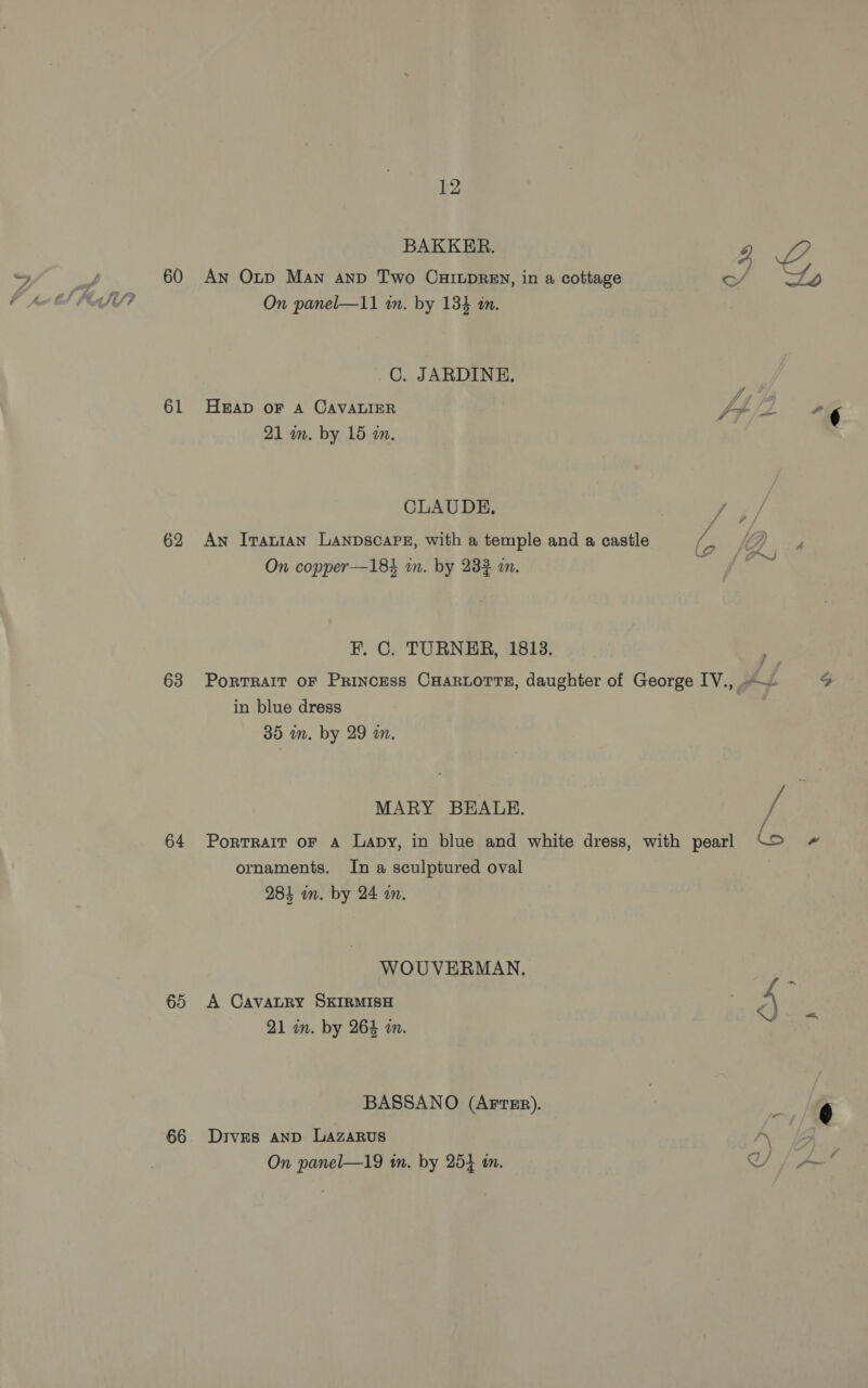 60 61 62 63 64 65 66 12 BAKKER. 4 An Otp Man and Two CuHILpREN, in a cottage oY sais fF On panel—11 in. by 133 tn. C. JARDINE. HEAD OF A CAVALIER , Lj / » 6 21 an. by 15 an. CLAUDE, ae ee An Iranian LANDScAPE, with a temple and a castle ( On copper—184 wm. by 232 an. F. C. TURNER, 1813. : PorTRAIT oF Princess CHartorts, daughter of George IV., ~~ 9 in blue dress 35 in. by 29 in. MARY BEALE. / Portrait oF A Lapy, in blue and white dress, with pearl val ornaments. In a sculptured oval ; 284 im. by 24 i. WOUVERMAN. j A Cavaury SKIRMISH 4 21 in. by 264 am. , BASSANO (ArtEp). ‘ 6 Dives AnD LAZARUS A On panel—19 tn. by 254 in. Cs fru