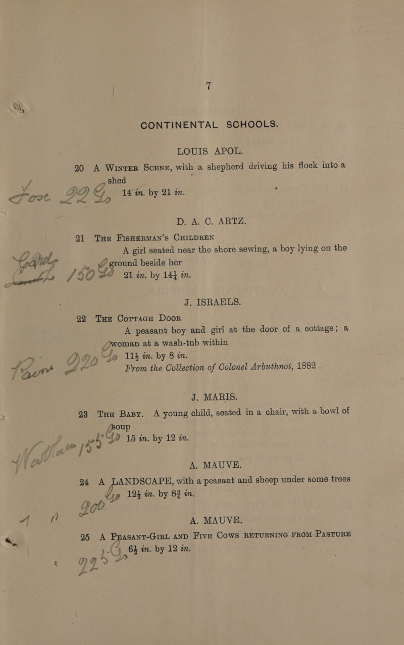 Sat yg ‘BA ya ~/ vt Aft a, CONTINENTAL SCHOOLS. LOUIS APOL. 290 A WINTER SCENE, with a snecee driving his flock into a _- Shed DA) Y 14 in. by 21 in. ; pe ll Pay D. A. C. ARTZ. 91 Tue FisHeRMAN’s CHILDREN A girl seated near the shore sewing, a boy lying on the ground beside her 21 in. by 144 in. oq J. ISRAELS. 92 Tue Corracn Door A peasant boy and girl at the door of a cottage; a woman at a wash-tub within NA Aaa = 4o 114 im. by 8 on. © a od From the Collection of Colonel Arbuthnot, 1882 _ J. MARIS. 93 Tur Baxsy. A young child, seated in a chair, with a bowl of jsoup ae) Gs 15 in. by 12 in. a A. MAUVE. 94 A LANDSCAPE, with a peasant and sheep under some trees b 124 in. by 82 an. O A. MAUVE. 95 A Pxasant-Girt AND Five Cows RETURNING FROM PASTURE mo 64 in. by 12 in. | A id