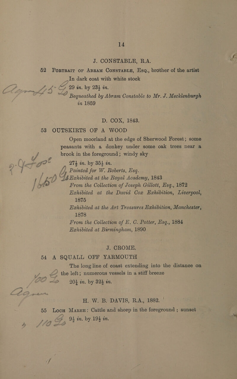 WJ J. CONSTABLE, B.A. 52 Portrait or ABRAM ConsTaBLE, Esq., brother of the artist Sy J? é . 7 29 an. by 234 an. ~~ Bequeathed by Abram Constable to Mr. J. Mecklenburgh an 1859 D. COX, 1843. 58 OUTSKIRTS OF A WOOD Open moorland at the edge of Sherwood Forest; some peasants with a donkey under some oak trees near a A brook in the foreground; windy sky Painted for W. Roberts, Esq. 7 e, j << fog As Hahibited at the Royal Academy, 1848 Hahibited at the David Cox Hahibition, Liverpool, 1875 1878 Exhibited at Barmingham, 1890 J. CROME. 54 A SQUALL OFF YARMOUTH The long line of coast extending into the distance on <» the left; numerous vessels in a stiff breeze 201 in. by 324 an. Hi. We BP DAVIS, RAS 1882. 55 Locu Marge: Cattle and sheep in the foreground ; sunset 4 9k in. by 194 in. f Ae
