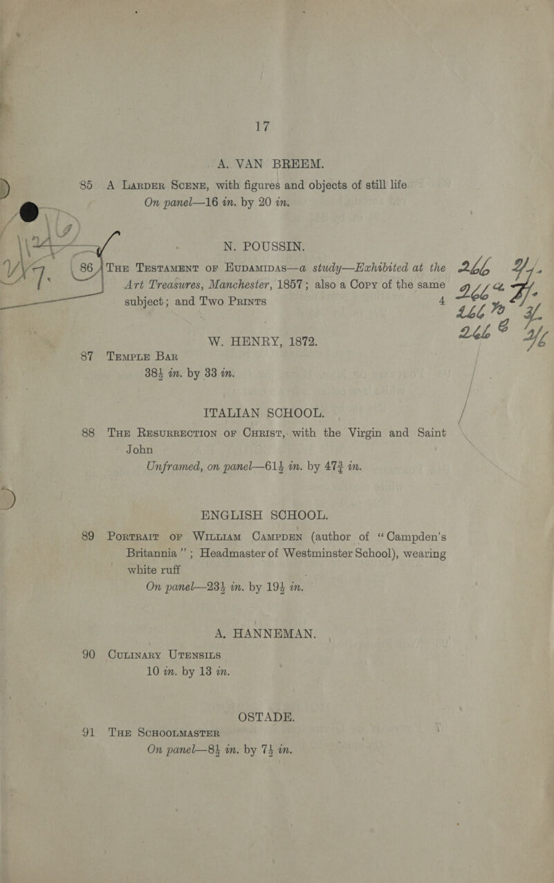 A. VAN BREEM. 85 A Larper Scens, with figures and objects of still life On panel—16 in. by 20 in.  N. POUSSIN. ATHE TESTAMENT oF HupamIpDAsS—a study—LHahibited at the of Y S Art Treaswres, Manchester, 1857; also a Copy of the same g 8 2 az FZ subject; and Two Prints 4 , 446% ¥. Gs W. HENRY, 1878. Lek IY, 87 TrempeuE Bar 384 in. by 33 i. ITALIAN SCHOOL. / 88 THE RESURRECTION OF CuHRrist,- with the Virgin and Saint ~ John Unframed, on panel—614 wn. by 472 im. ENGLISH SCHOOL. 89 Portrait or WILLIAM CAmpPDEN (author of ‘‘Campden’s Britannia ’’ ; Headmaster of Westminster School), wearing white ruff : On panel—23%4 in. by 194 i. A, HANNEMAN. 90 CuLInAaRY UTENSILS 10 wn. by 13 an. OSTADE. 91 THE SCHOOLMASTER