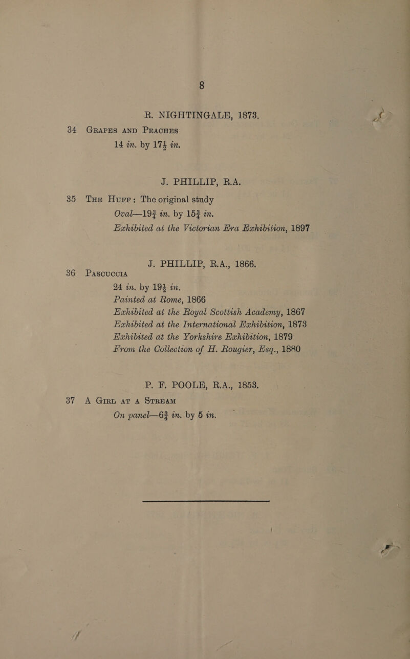 R. NIGHTINGALE, 1873. C2 34 GRAPES AND PEACHES 14 wm. by 174 am. J. PHILLIP, B.A. 35 Tue Horr: The original study Oval—19# in. by 152 an. Exhibited at the Victorian Era Exhibition, 1897 J, PHILGIP R.A. =1866; 36 Pascuccia 24 in. by 194 an. Painted at Rome, 1866 Exhibited at the Royal Scottish Academy, 1867 Exhibited at the International Exhibition, 1873 Eahibited at the Yorkshire Exhibition, 1879 From the Collection of H. Rougier, Hsq., 1880 P. F. POOLH, B.A., 1858. 37 A GIRL at A STREAM