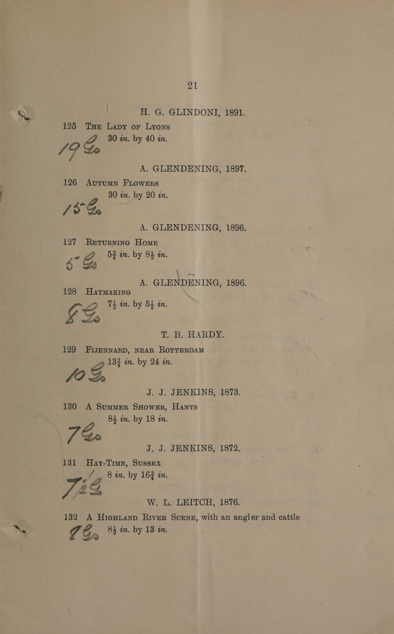 | H. G. GLINDONI, 1891. 125 THe Lapy or Lyons 30 in. by 40 an. /9 Go A. GLENDENING, 1897. 126 Autumn FLOWERS go. 30 in. by 20 in. A. GLENDENING, 1896. 127 Returning Home y 52 in. by 84 in. Aa Z, 3 A. GLENDENING, 1896. 128 HaymMaxkInG ‘ ZG 74 in. by 54 tn. Cg T. B. HARDY. 129 FIJENNARD, NEAR ROTTERDAM 132 im. by 24 m. fo %, J. J. JENKINS, 1873. 130 _A Summer SHower, Hants 84 mm. by 18 wm. J. J. JENKINS, 1872. 131 MHay-Time, Sussex / 8 in. by 163 in. J Tig {= . W. L. LEITCH, 1876. 132 A Hiaunianp River Scene, with an angler and cattle 7, 8h in. by 18 in.