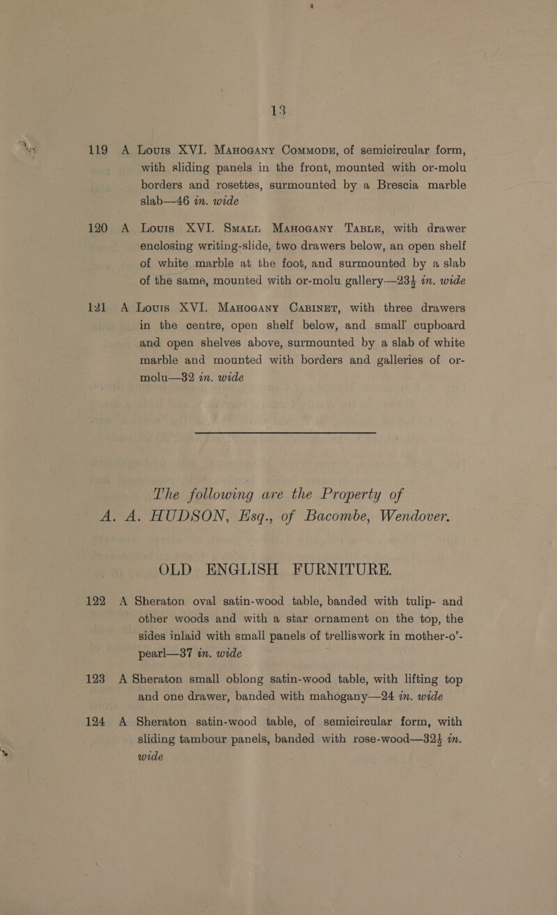ye Na 119 A Louris XVI. Manogany Commons, of semicircular form, with sliding panels in the front, mounted with or-molu borders and rosettes, surmounted by a Brescia marble slab—46 in. wide 120 A Louis XVI. Smatn Manoaany Tasne, with drawer enclosing writing-slide, two drawers below, an open shelf of white marble at the foot, and surmounted by a slab of the same, mounted with or-molu gallery—234 in. wide 121 A Lovis XVI. ManoGcany CaBINET, with three drawers in the centre, open shelf below, and small cupboard and open shelves above, surmounted by a slab of white marble and mounted with borders and galleries of or- molu—82 in. wide The following are the Property of A. A. HUDSON, Esq., of Bacombe, Wendover. OLD ENGLISH FURNITURE 122 A Sheraton oval satin-wood table, banded with tulip- and other woods and with a star ornament on the top, the sides inlaid with small panels of trelliswork in mother-o’- pearl—37 in. wide 123 A Sheraton small oblong satin-wood table, with lifting top and one drawer, banded with mahogany—24 in. wide 124 &lt;A Sheraton satin-wood table, of semicircular form, with sliding tambour panels, banded with rose-wood—324 i.