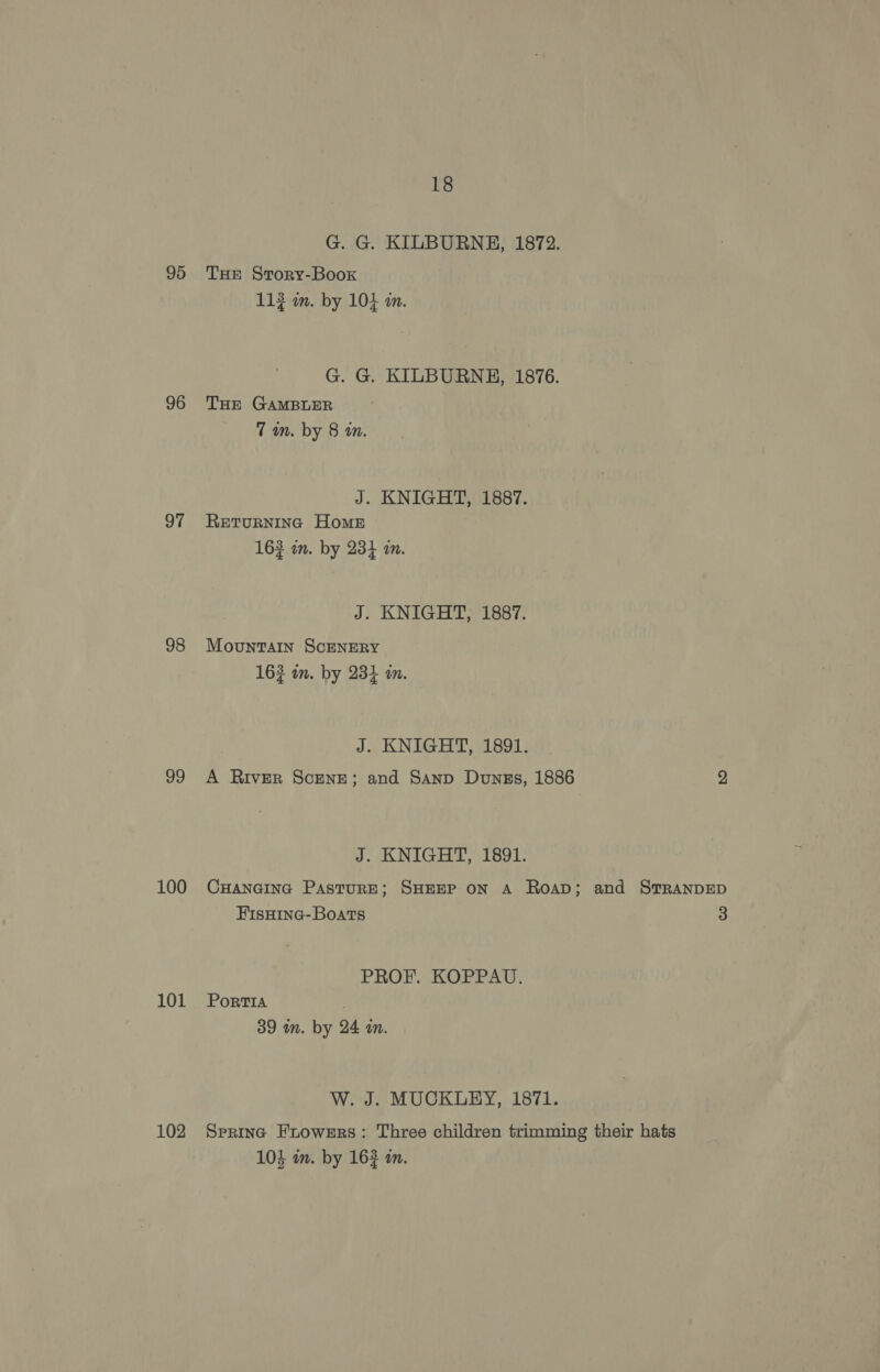 95 96 97 98 99 100 101 102 18 G. G. KILBURNH, 1872. THE Story-Book 112 wm. by 104 m. G. G. KILBURNH, 1876. THE GAMBLER 7m. by 8 an. J. KNIGHT, 1887. RETURNING HomME 163 on. by 234 a. J. KNIGHT, 1887. Mountain ScENERY 163 on. by 234 in. J. KNIGHT, 1891. A River ScENE; and Sanp Dunzgs, 1886 y J. KNIGHT, 1891: CHANGING PAsTURE; SHEEP ON A Roap; and STRANDED FIsHING-Boats 3 PROF. KOPPAU. PorTIA 39 in. by 24 am. W. J. MUCKLEY, 1871. Sprinc Ftowers: Three children trimming their hats
