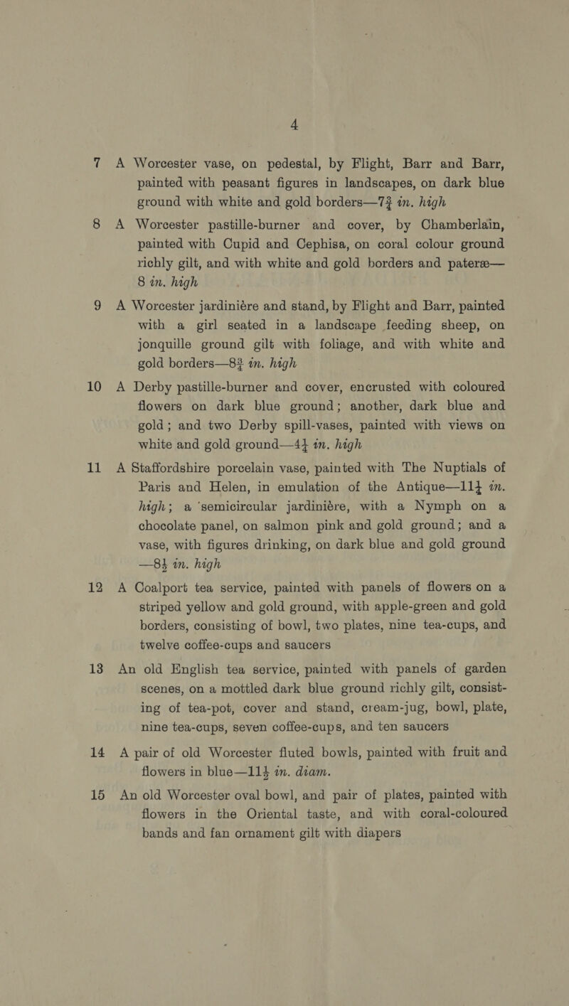 10 11 12 13 14 15 4 A Worcester vase, on pedestal, by Flight, Barr and Barr, painted with peasant figures in landscapes, on dark blue ground with white and gold borders—7# in. high A Worcester pastille-burner and cover, by Chamberlain, painted with Cupid and Cephisa, on coral colour ground richly gilt, and with white and gold borders and pateree— 8 in. high A Worcester jardiniére and stand, by Flight and Barr, painted with a girl seated in a landscape feeding sheep, on jonquille ground gilt with foliage, and with white and gold borders—8? in. high A Derby pastille-burner and cover, encrusted with coloured flowers on dark blue ground; another, dark blue and gold; and two Derby spill-vases, painted with views on white and gold ground—4} in. high A Staffordshire porcelain vase, painted with The Nuptials of Paris and Helen, in emulation of the Antique—11} i. high; a ‘semicircular jardiniére, with a Nymph on a chocolate panel, on salmon pink and gold ground; and a vase, with figures drinking, on dark blue and gold ground —8 in. high A Coalport tea service, painted with panels of flowers on a striped yellow and gold ground, with apple-green and gold borders, consisting of bowl, two plates, nine tea-cups, and twelve coffee-cups and saucers An old English tea service, painted with panels of garden scenes, on a mottled dark blue ground richly gilt, consist- ing of tea-pot, cover and stand, cream-jug, bowl, plate, nine tea-cups, seven coffee-cups, and ten saucers A pair of old Worcester fluted bowls, painted with fruit and flowers in blue—114 an. diam. An old Worcester oval bowl, and pair of plates, painted with flowers in the Oriental taste, and with coral-coloured bands and fan ornament gilt with diapers