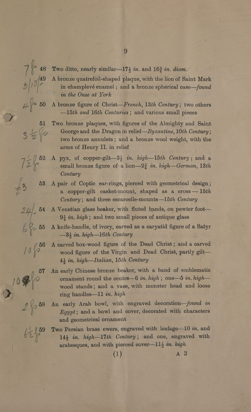 A bronze quatrefoil-shaped plaque, with the lion of Saint Mark in champlevé enamel ; and a bronze spherical case—found an the Ouse at York A bronze figure of Christ—f'rench, 13th Century; two others —15th and 16th Centuries ; and various small pieces Two bronze plaques, with figures of the Almighty and Saint George and the Dragon in reliei—Byzantine, 10th Century; two bronze annulets; and a bronze wool Weea with the . arms of Henry II. in relief A pyx, of copper-gilt—34 im. high—ldth Century; and a small bronze figure of: a lion—2? an. high—German, 13th Century A pair of Coptic ear-rings, pierced with geometrical design ; a copper-gilt casket-mount, shaped as a cross — 15th Century ; and three escarcelle-mounts—LO5th Century A Venetian glass beaker, with fluted bands, on pewter foot— 91 in. high; and two small pieces of antique glass A knife-handle, of ivory, carved as a caryatid figure of a Satyr —3k m. high—16th Century A carved box-wood figure of the Dead Christ; and a carved wood figure of the Virgin and Dead Christ, partly gilt— 44 in, high—Itahian, 15th Century An early Chinese bronze beaker, with a band of emblematic ornament round the centre—6 in. high ; one—5 in. high— wood stands; and a vase, with monster head and loose ring handles—11 in. high An early Arab bowl, with engraved decoration—found m Egypt; and a bowl and cover, decorated with characters and geometrical ornament | Two Persian brass ewers, engraved with leafage—10 mm. and 141 in. high—17th Century; and one, engraved with arabesques, and with pierced cover—11} a. high (1) A 3