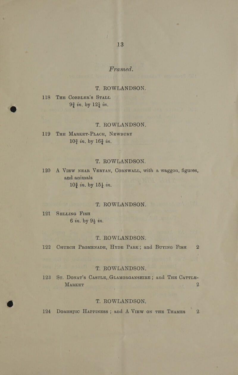 118 119 120 121 122 124 13 Framed. T. ROWLANDSON. THe CoBBLER’S STALL 92 im. by 12} am. T. ROWLANDSON. THe Marxket-Prace, NEWBURY 102 im. by 163 an. T. ROWLANDSON. A Vimw NEAR VERYAN, CORNWALL, with a waggon, figures, and animals 103 im. by 154 mm. T. ROWLANDSON. SELLING FIsH ; it 6 in. by 94 in. T. ROWLANDSON. CHuRcCH PROMENADE, HypEr Park; and Buyina FIsH 2: T. ROWLANDSON. St. Donat’s CastTLE,, GLAMORGANSHIRE ; and THE CATTLE- MARKET 2 T. ROWLANDSON. Domestic Happiness ; and A VIEW on THE THAMES 2: