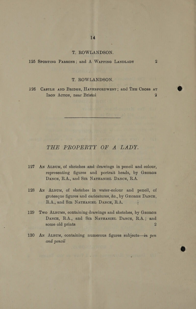 T. ROWLANDSON. 125 Sporting Parsons; and A Waprinc LANDLADY 2 T. ROWLANDSON. 126 CasrnE anp Bripen, HavERFoRDWEST; and THE Cross at Iron Acton, near Bristol 2 THE VPROPERTYS Olea A DY. 127 An Atpum, of sketches and drawings in pencil and colour, representing figures and portrait heads, by Groraz Dance, R.A., and Str NarHanret Dances, R.A. 128 An Awsoum, of sketches in water-colour and pencil, of grotesque figures and caricatures, &amp;., by GEorar Dancer, R.A., and Str Natrsaanren Dances, R.A. 129 Two Ausums, containing drawings and sketches, by GroreE Dance, R.A., and Sm Narwanren Dancer, R.A.; and some old prints 2 130 An Ausoum, containing numerous figures subjects—in pen and pencil —