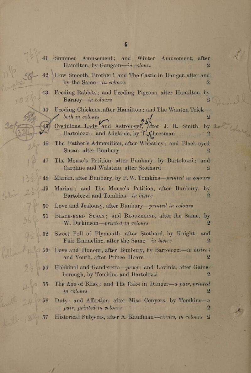41 -Summer Amusement; and Winter Amusement, after Hamilton, by Gaugain—in colours 2 4 42 \How Smooth, Brother! and The Castle in Danger, after and by the Same—in colowrs | 2,  Barney—in colours 2 ~~ 44 Feeding Chickens, after Hamilton ; and The Wanton Trick— L i. ‘ both wn colours : oy 2 £ f Credulous—Lady and Astrologer, atter J. R. Smith, by Bartolozzi; and Adelaide, by T. yheesman Wig 46 The Father’s Admonition, after Wheatley: and Black-eyed Susan, after Bunbury 2 47 The Mouse’s Petition, after Bunbury, by Bartolozzi; and Caroline and Walstein, after Stothard 2. 48 Marian, after Bunbury, by P. W. Tomkins—printed wm colours 49 Marian; and The Mouse’s Petition, after Bunbury, by Bartolozzi and Tomkins—in bistre 32 50 Love and Jealousy, after Bunbury—printed wm colours 51 Buack-EyED Susan; and Buovuzeninp, after the Same, by W. Dickinson—printed in colowrs 2 52 Sweet Poll of Plymouth, after Stothard, by Knight; and Fair Emmeline, after the Same—in bistre ye 58 Love and Honour, after Bunbury, by Bartolozzi—in bistre ; and Youth, after Prince Hoare 2, 54 Hobbinol and Ganderettia—proof; and Lavinia, after Gains- borough, by Tomkins and Bartolozzai 2 55 The Age of Bliss; and The Cake in Danger—a pair, printed wn colowrs 2 56 Duty; and Affection, after Miss Conyers, by Tomkins—a 57 Historical Subjects, after A. Kauffman—cireles, in colours 2