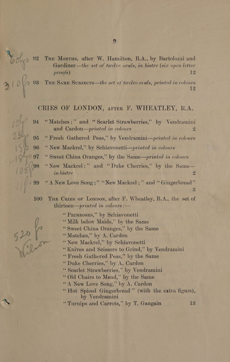 S op G hwo 92 Tue Monrus, after W. Hamilton, R.A., by Bartolozzi and \) Gardiner—the set of twelve ovals, in bistre (six open letter proofs) 12 % | V (7, 93 THe Same SuBsects—the set of twelve ovals, printed in colours { 12 CRIES OF LONDON, arrer F. WHEATLEY, R.A. 94 “Matches;” and “ Scarlet Strawberries,” by Vendramini | and Cardon—printed in colours 2, d at 95 “Fresh Gathered Peas,” by Vendramini—printed in colowrs } \ 96 ‘ New Mackrel,” by Schiavonetti—printed in colours 297 “Sweet China Oranges,” by the Same—printed in colours /,+/98 “New Mackrel;” and “Duke Cherries,” by the Same— pve wn bistre 9, ty /, »99 ‘A New Love Song ; 5 ‘New Mackrel ;”’ and “ Gingerbread” : i 3 100 ‘THe Cries or Lonpon, after F. Wheatley, R.A., the set of thirteen—printed in colours :— ‘“ Primroses,” by Schiavonetti j _ “Milk below Maids,” by the Same a hed “Sweet China Oranges,” by the Same 5 )» { ; ‘‘ Matches,” by A. Cardon ory : » S “New Mackrel,” by Schiavonetti » : + Tas “Knives and Scissors to Grind,” by Vendramini ‘Fresh Gathered Peas,” by the Same ‘‘ Duke Cherries,” by A. Cardon ‘“‘ Scarlet Strawberries,’ by Vendramini “Old Chairs to Mend,” by the Same ‘A New Love Song,” by A. Cardon “Hot Spiced Gingerbread” (with the extra eraiey, by V endramini “ “'Turnips and Carrots,” by T. Gaugain 13