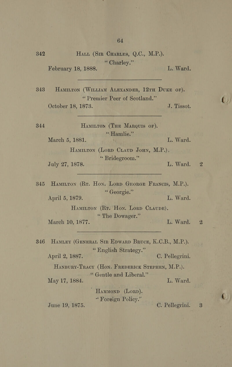 342 343 344 345 346 64 Haru (Sir Cuarues, Q.C., M.P.). ‘“‘ Charley.” February 18, 1888. L. Ward. Haminron (Winuram ALExanper, 12rH Dvxe oF). ‘Premier Peer of Scotland.”’ October 18, 1873. J. Tissot. Hamitton (THe Marquis orf). ‘* Hamilie.”’ March 5, 1881. L. Ward. Hamiuton (Lorp Cuaup Jonny, M.P.), ‘“ Bridegroom.” July 27, 1878. L. Ward. Hamiutron (Rr. Hon. Lorp Grorce Francis, M.P.). “‘ Georgie.” April 5, 1879. L. Ward. Hamitton (Rt. Hon. Lorp Cuaupe). ‘The Dowager.” March 10, 1877. L. Ward. Hamuey (GENERAL Str Epwarp Brucz, K.C.B., M.P.). “ Hnglish Strategy.” April 2, 1887. C. Pellegrini. Hanpury-Tracy (Hon. FREDERICK STEPHEN, M.P.). -““Gentle and Liberal.” May 17, 1884. L. Ward. ' Hammonp (orp). ‘Foreign Policy.” June 19, 1875. C. Pellegrini.