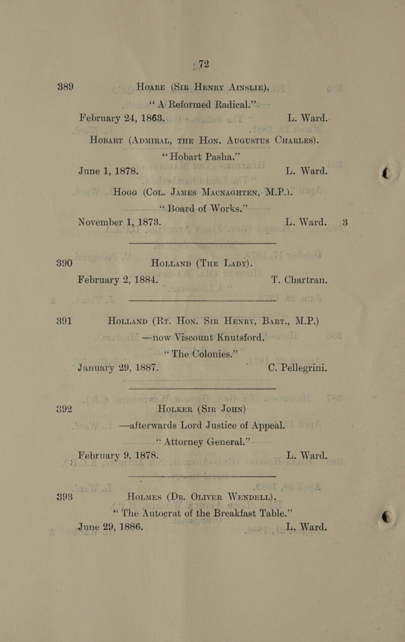 212 389 Hoare (Sir. Henry AINsuiz). ‘‘ A Reformed Radical.” - February 24, 1868.;. 9s s.¢ij)le4 of L L. Ward.. Hopart (ADMIRAL, THE Hon. Avaustus CHARLES). “Hobart Pasha.” June 1, 1878. . rears L. Ward. Ho«e (Con. JAMES Macnacuren,: M.P.). ‘“* Board-of Works.” November 1, 1873. | L. Ward. 390 * Hoxiuanp (Tue Lapy). | February 2; 1884. | | - T. Chartran. 391 Hotuanp (Rr. Hon. Str Henry, Barr., M.P.) -—now Viscount Knutsford. “The Colonies.’ ) - Januar y 29, 1887. C. Pellegrini. 392, ~ HoKEr (Str JoHn) —afterwards Lord Justice of Appeal. ‘“ Attorney General.” _ February 9, 1878.  L. Ward. Bon ae a Hours (Dr. OLIVER Wernvr Et) As Wait) Tatoecat of the Breakfast Table.” June 29, 1886. ie Heel _L. Ward.