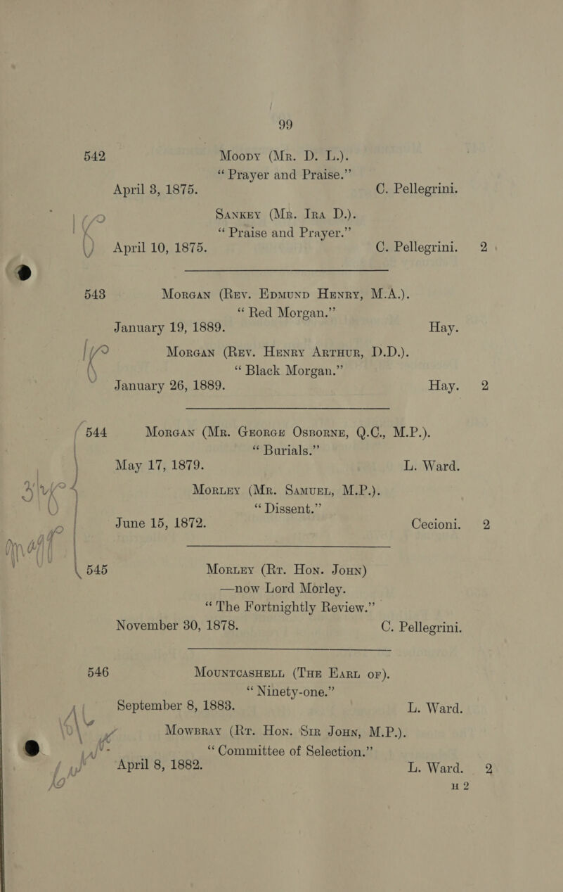 542 Moopy (Mr. D. L.). “Prayer and Praise.”’ April 3, 1875. C. Pellegrini. 5 Sankey (Mr. Ira D.). K ‘Praise and Prayer.” \) April 10, 1875. C. Pellegrini. 543 Morean (Rev. Epmunp Henry, M.A.). “Red Morgan.” January 19, 1889. Hay. | / v Morgan (Rev. Henry Arruvur, D.D.). (\ ‘“ Black Morgan.” January 26, 1889. Hay. 644 Morgan (Mr. Grorce Oszorne, Q.C., M.P.). . * Burials.” | May 17, 1879. L. Ward. 24 MorueEy (Mr. Samugu, M.P.). *“* Dissent.” June 15, 1872. Cecioni. \ 545 Moruery (Rr. Hon. Joun) —now Lord Morley. “The Fortnightly Review.” November 30, 1878. C. Pellegrini. 546 MovuntcasHett (THe Earn OF). ‘“ Ninety-one.” September 8, 1883. L. Ward. / Mowsray (Rr. Hon. Sir Joun, M.P.). BY hte ‘“Committee of Selection.”’ April 8, 1882. L. Ward. 2