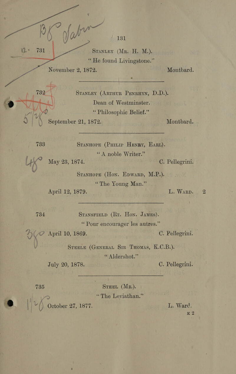 STANLEY (Mr. H. M.). “He found Livingstone.” November 2, 1872. Montbard. StanuEY (ArtHuR Penruyn, D.D.). ~@ AHA Dean of Westminster. y!| i \ ‘“‘ Philosophic Belief.” | §/% September 21, 1872. Montbard. 733 STANHOPE (PuHinip Henry, Hart). Bt ‘A noble Writer.” Uy? May 28, 1874. C. Pellegrini. STANHOPE (Hon. Epwarp, M.P.). “The Young Man.” April 12. 1879. L. Warp. 734 STANSFIELD (Rr. Hon. Jamus). ‘Pour encourager les autres.” D( April 10, 1869. C. Pellegrini. | STEELE (GENERAL Str Tuomas, K.C.B.). “ Aldershot.”’ July 20, 1878. C. Pellegrini. 735 Steet (Mr). | yo “The Leviathan.” e@ | | v0) October 27, 1877. L. Ward. . K 2