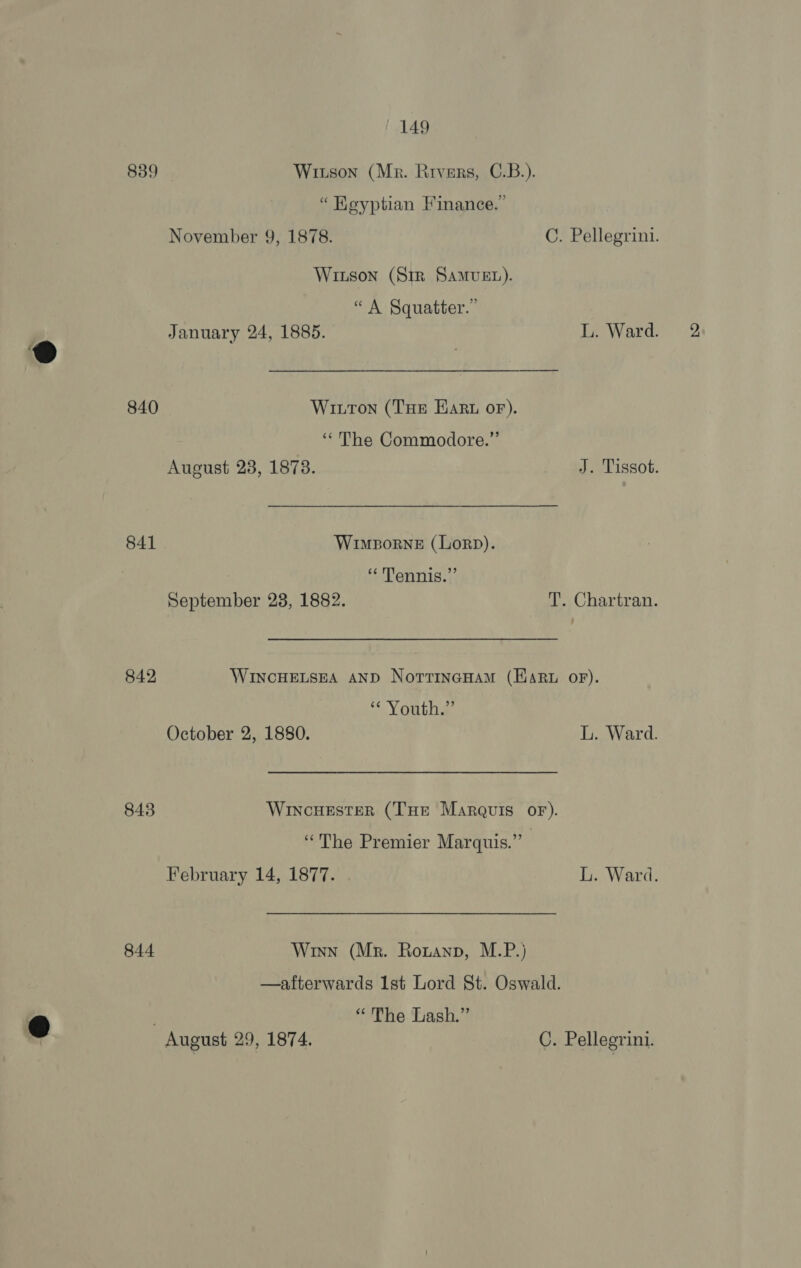 8389 Wiuson (Mr. Rivers, C.B.). “ Keyptian Finance.” November 9, 1878. C. Pellegrini. Witson (Str SamMvuet). “ A Squatter.” © January 24, 1885. L. Ward. 840 Witton (THe Ear or). “The Commodore.” August 23, 1878. J. Tissot. 841 | Wimporne (Lorp). “Tennis.” September 23, 1882. T. Chartran. 842 WINCHELSEA AND NorrinGHamM (EARL OF). ‘“* Youth.” October 2, 1880. L. Ward. 8438 WincHesterR (THe Marquis oF). “The Premier Marquis.” February 14, 1877. L. Ward. 844 Winn (Mr. Rouann, M.P.) —afterwards 1st Lord St. Oswald. | “Phe Lash.” o August 29, 1874. C. Pellegrini.