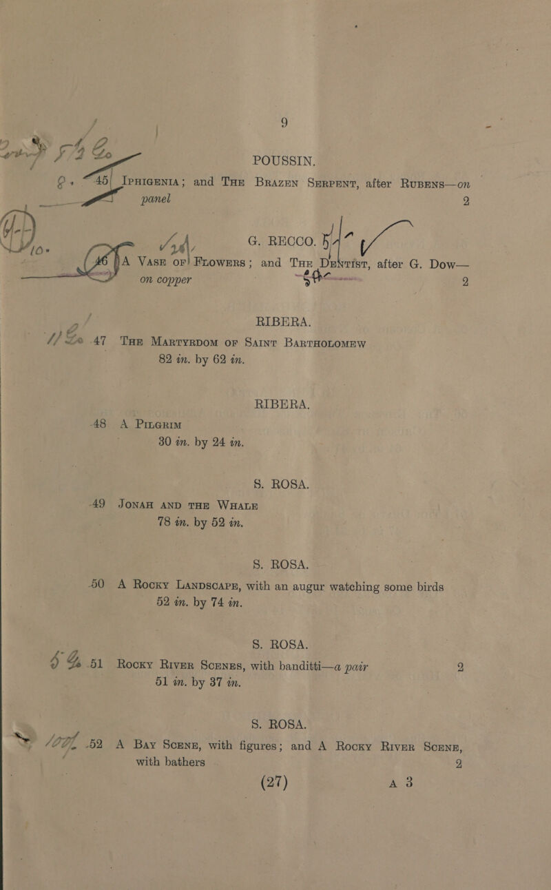 y , 42 vu &gt; fi4 oon POUSSIN. QO, ~ 45; Ipnigmnia; and Tae Brazen Serpent, after Rusens—on | panel 2   Jd, G. RECCO. 5 HA VasE or) Frowmrs ; and Tre Dentist, after G. Dow— on copper fon sc 2 RIBERA. ; ger 4/ ~* 47 Tar Martyrpom or Saint BARTHOLOMEW 82 in. by 62 an. RIBERA. 48 &lt;A Pinerim 30 in. by 24 an. S. ROSA. AQ JONAH AND THE WHALE 78 an. by 52 in. S. ROSA. OO A Rocky Lanpscaps, with an augur watching some birds 52 in. by 74 in. S. ROSA. 4G, O1 Rocky River Scengs, with bandittima paw 51 wn. by 37 an. Lo S. ROSA. a Verh 02 A Bay Scenz, with figures; and A Rocky River Scens, : with bathers 2