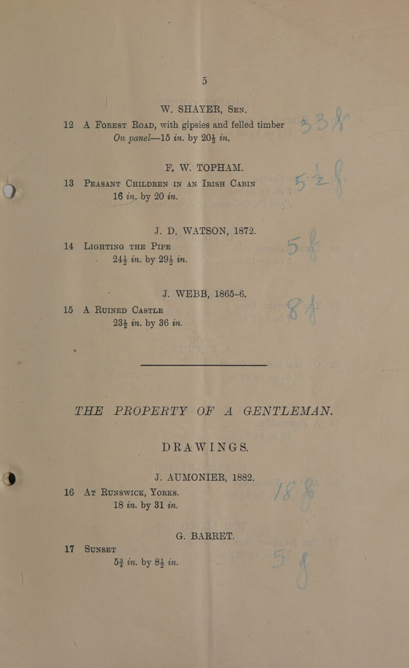 W. SHAYER, Sen. 12 &lt;A Forest Roan, with gipsies and felled timber On panel—165 in. by 204 an. i FH, W. TOPHAM. 18 Prasant CHILDREN IN AN IRisH CABIN ~ ee 16 in. by 20 in. J. D. WATSON, 1872. 14 Ligutinag THE PIPE ay 243 in. by 294 in. Ye J. WEBB, 1865-6. 15 A Rvuinep CAstLE 234 in. by 36 tn. Pee LS hOPN RO OR (A “GCHNTLEMAN. DRAWINGS. J. AUMONIER, 1882. 16 At Rounswicr, Yorks. / 5 18 wm. by 31 am. G. BARRET. 17 Sunset