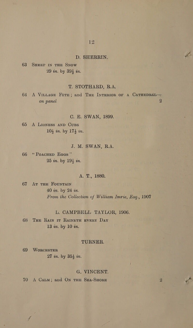 63 64 65 66 67 68 69 12 D. SHERRIN. SHEEP IN THE SNOW 29 an. by 394 a. T. STOTHARD, B.A. A Vinuack Ferre; and Tae Inrerion oF A CATHEDRAL— on panel 2 C. EK. SWAN, 1899. A LionEss AND CUBS 104 om. by 174 a. J. M. SWAN, R.A. ‘“ PoacHED Haas ” 25 in. by 194 an. A. T., 1880. Avr tHe FouNTAIN 40 an. by 24 tn. From the Collection of William Imrie, Hsq., 1907 L. CAMPBELL TAYLOR, 1906. THe Rain 11 RAINETH EVERY Day 13 m. by 10 a. TURNER. WORCESTER 27 wm. by 354 am. G. VINCENT.