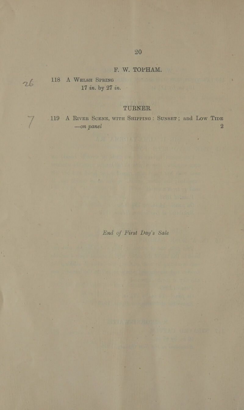 F. W. TOPHAM. wo ( 118 A WetsH SPRING a 17 in. by 27 in. TURNER. ae 119 A River ScENE, witH SHIppiInc: SunsET; and Low Tipz . —on panel 2 End of Furst Day’s Sale
