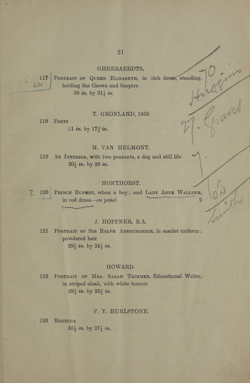 GHEERAERDTS. MO ae {) g wn * A 117. Portrait oF QUEEN ELIZABETH, in rich dress; standing, | a a (04 holding the Crown and Sceptre | OF ( fo a 50 in. by 314 in. ae T. GRONLAND, 1855- 118 Fruit ”) 21 m. by 173'a. / M. VAN HELMONT. 119 Aw InTERIOR, with two peasants, a dog and still life “'\ : pe 204 an. by 28 im.   HONTHORST. | ae : 120° Prince Rupert, when a boy; and Lapy ANNE WALLOPE, \ () Pe) Y ria in red dress—on panel op ht ae ys J. HOPPNER, R.A. sJ* 121 Porrrait or Sir RauepH ABERCROMBIE, in scarlet uniform ; powdered hair 291 on. by 244 on. HOWARD. 122 Portrait oF Mrs. Saran TRIMMER, Educational Writer, in striped cloak, with white bonnet 293 om. by 233 on. F. Y. HURLSTONE. 123 REBECCA 304 m. by 274 an.