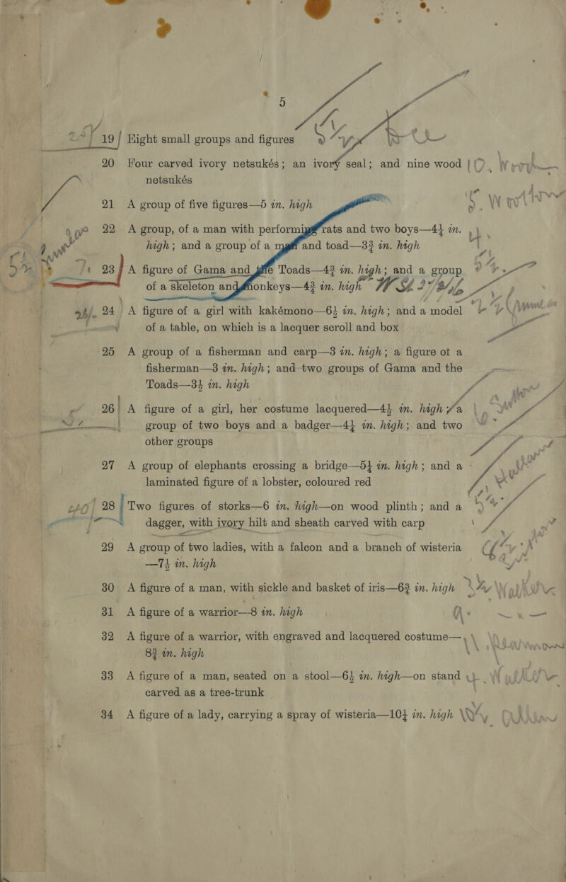       e FA ‘ Peo ~ | ~~ 19/ Hight small groups and figures A 20 Four carved ivory netsukés ; an ivory seal; and nine wood }(). W py ee | netsukés fig a SE. iy AAA 21 A group of five figures—5 in. high » Wi’ : and toad—3# in. high j ae high; and a group of a ; 4 : sy A figure of Gama and gle Toads—4# in. high; and a py, o* Ao Ae oa onkeys—43 an. high W. SS 2/B/ Be 2. a4) A figure of a “girl wit kakémono—64 in. high; and a Mia bh ON\ (; gti a of a table, on which is a lacquer scroll and box : Dat 25 &lt;A group of a fisherman and pany 3 in. high; a figure ot a fisherman—3 in. high; and two groups of Gama and the Fie Toads—34 in. high fs —— a } 7 i at Py r 26 A figure of a girl, her costume lacquered—4} wm. high va PD as fo _-4—-—.| group of two boys and a badger—4} im. high; and two “ ° ~ % other groups | ae P a: ef 27 &lt;A group of elephants crossing a bridge—d} in. high; and a ; a laminated figure of a lobster, coloured red » ehine {7 ae A tify) 28 Two figures of storks—6 im. high—on wood plinth; anda ~* 7 fo i. ieee? sae lyory hilt and sheath carved with carp eae ¥ 4 » ha 29 &lt;A group i: ve ladies, with a falcon and a beat of wisteria Y oy u \ —T1 in. high hes a . 30 A figure of a man, with sickle and basket of iris—62 in. high \/»y' his ave 31 A figure of a warrior—8 in. high A : iss tes Sd 32 A figure of a warrior, with engraved and lacquered costume— , \ ‘ ; Wea u Qe 82 on. high ' 33 A figure of a man, seated on a stool—6} im. hagh—on stand \) Ly carved as a tree-trunk 34 A figure of a lady, carrying a spray of wisteria—10} a. high \M4 y OAR