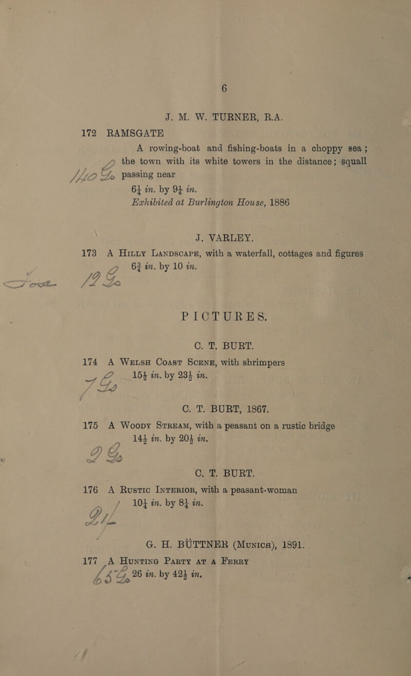 172 RAMSGATE A rowing-boat and fishing-boats in a choppy sea ; /) the town with its white towers in the distance; squall : /, l, &gt; J, passing near | 61 in. by 94 in. Exhibited at Burlington Howse, 1886 J. VARLEY. 173 A Hinty Lanpscarg, with a waterfall, cottages and figures 62m. by 10 in. VA, oe PICTURES. CC. BURT: 174 A Wetss Coast Scensg, with shrimpers PD 164 im. by 234 an. fen A / 4 / C. T. -BURDY 1867. 175 A Woopy Stream, with a peasant on a rustic bridge _ 144 in. by 203 a. YD) &amp; Sf eet? Cee. “BURT. 176 A Rustic IntERI0r, with a peasant-woman 104 in. by 84 an. Y C we &amp; Se aiaial G. H. BUTTNER (Monica), 1891. Ltd: oA. Hountine Party at A FERRY WS sale ‘ :