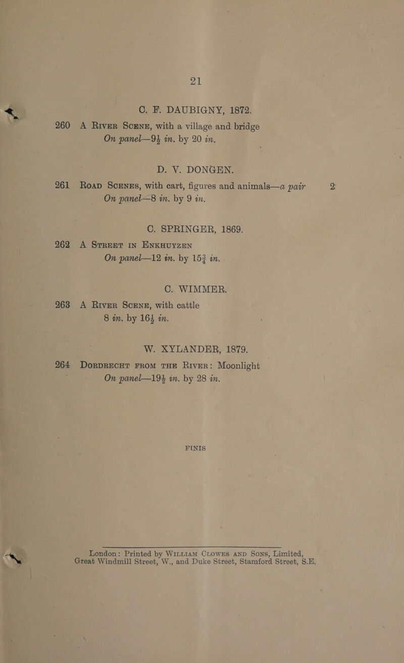 260 261 262 263 264. 21 C. F. DAUBIGNY, 1872. A River Scene, with a village and bridge On panel—9k in. by 20 in. D. V. DONGEN. RoaD Scenes, with cart, figures and animals—a pair On panel—8 in. by 9 an. C. SPRINGER, 1869. A Svrreet In ENKHUYZEN On panel—12 in. by 153 in. C.. WIMMER. A River ScENE, with cattle 8 in. by 164 mm. W. XYLANDER, 1879. DorDRECHT FROM THE River: Moonlight On panel—19% in. by 28 in. FINIS London: Printed by Wint1Am CLowEs AND Sons, Limited,