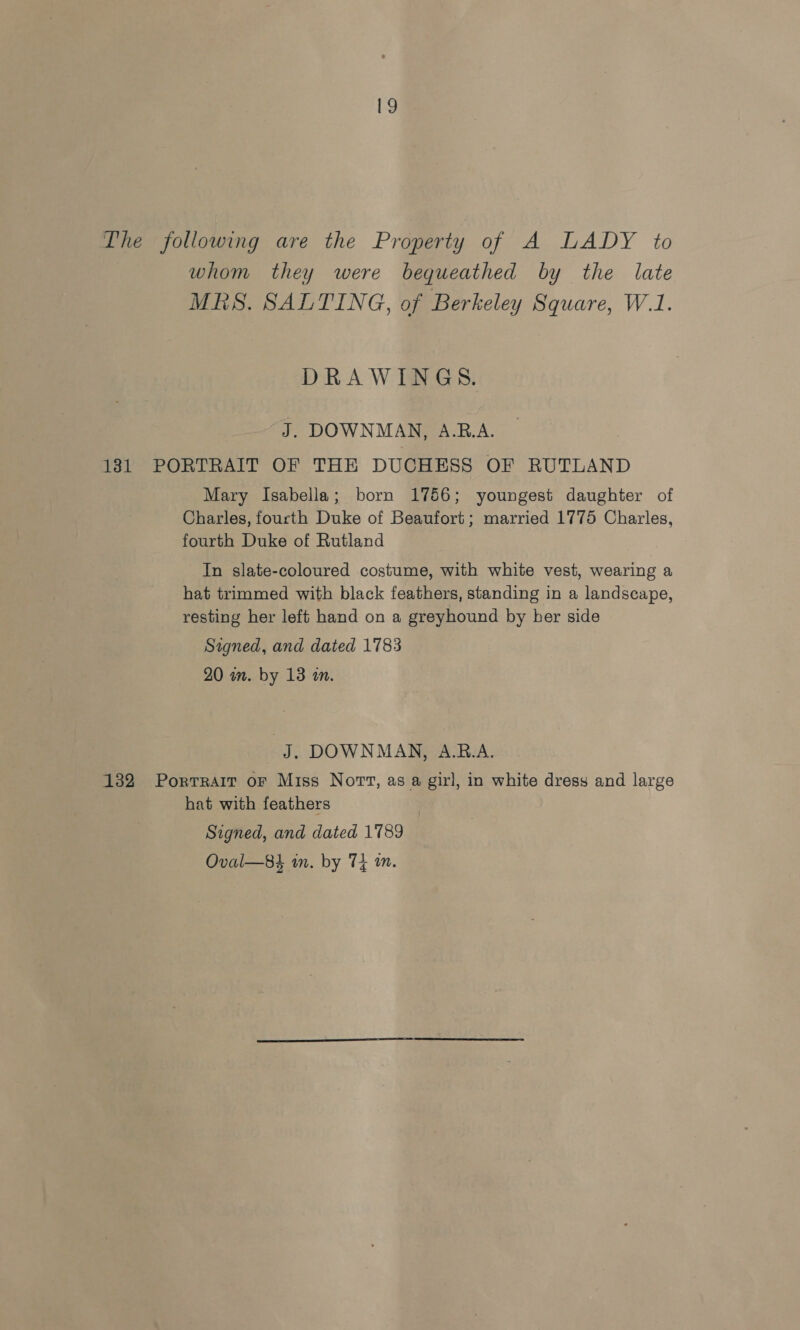 whom they were bequeathed by the late MRS. SALTING, of Berkeley Square, W.1. DRAWINGS. J. DOWNMAN, A.R.A. 131 PORTRAIT OF THE DUCHESS OF RUTLAND Mary Isabella; born 1756; youngest daughter of Charles, fourth Duke of Beaufort; married 1775 Charles, fourth Duke of Rutland In slate-coloured costume, with white vest, wearing a hat trimmed with black feathers, standing in a landscape, resting her left hand on a greyhound by her side Signed, and dated 1783 20 wm. by 13 an. J. DOWNMAN, A.B.A. 132 Portrait or Miss Norv, as a girl, in white dress and large hat with feathers Signed, and dated 1789 Oval—B8 in. by T4 in.