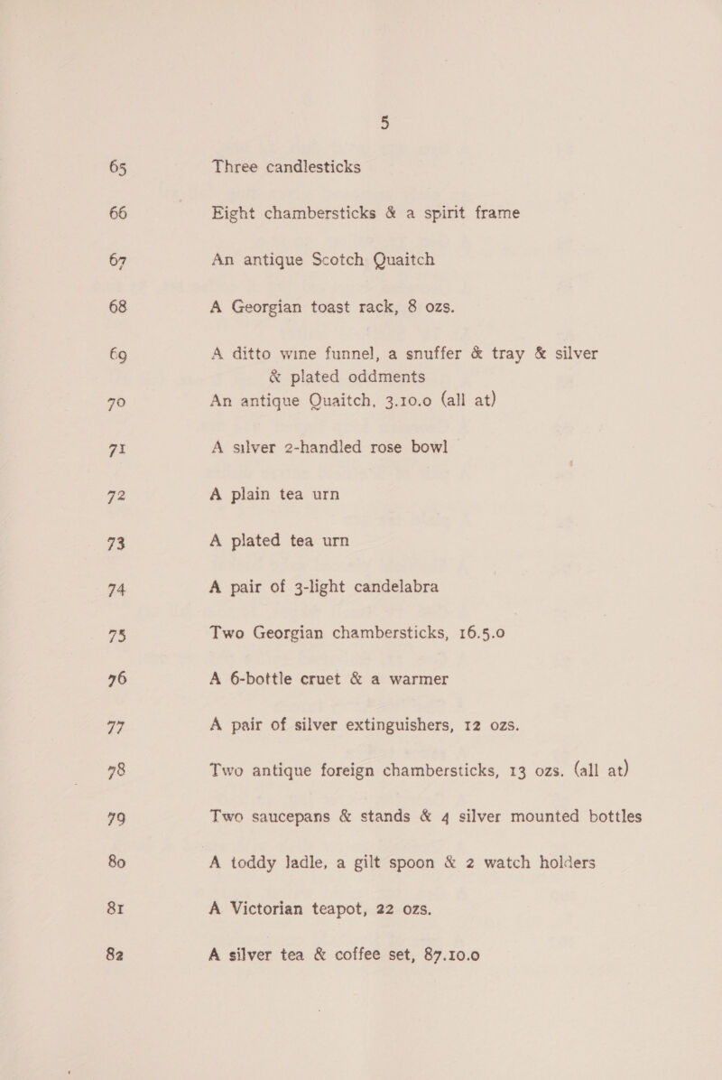 Three candlesticks Eight chambersticks &amp; a spirit frame An antique Scotch Quaitch A Georgian toast rack, 8 ozs. A ditto wine funnel, a snuffer &amp; tray &amp; silver &amp; plated oddments An antique Quaitch, 3.10.0 (all at) A silver 2-handled rose bowl A plain tea urn A plated tea urn A pair of 3-light candelabra Two Georgian chambersticks, 16.5.0 | A 6-bottle cruet &amp; a warmer A pair of silver extinguishers, 12 ozs. Two antique foreign chambersticks, 13 ozs. (all at) Two saucepans &amp; stands &amp; 4 silver mounted bottles A Victorian teapot, 22 ozs. A silver tea &amp; coffee set, 87.10.0