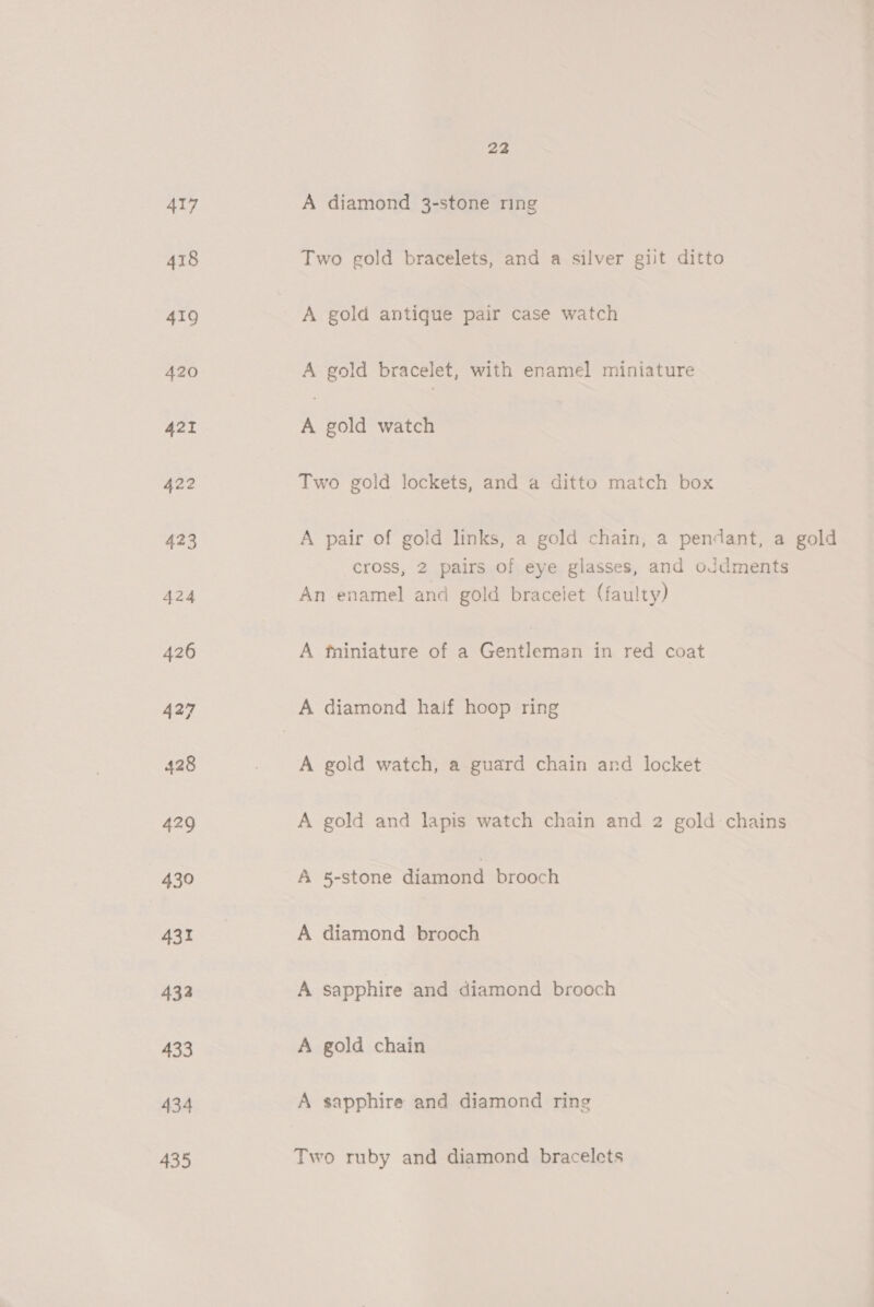 434 435 22 A diamond 3-stone ring Two gold bracelets, and a silver giit ditto A gold antique pair case watch A gold bracelet, with enamel miniature A gold watch Two gold lockets, and a ditto match box A pair of gold links, a gold chain, a pendant, a gold cross, 2 pairs of eye glasses, and oJdments An enamel and gold bracelet (faulty) A fniniature of a Gentleman in red coat A gold watch, a guard chain and locket A gold and lapis watch chain and 2 gold chains A 5-stone diamond brooch A diamond brooch A sapphire and diamond brooch A gold chain A sapphire and diamond ring Two ruby and diamond bracelets