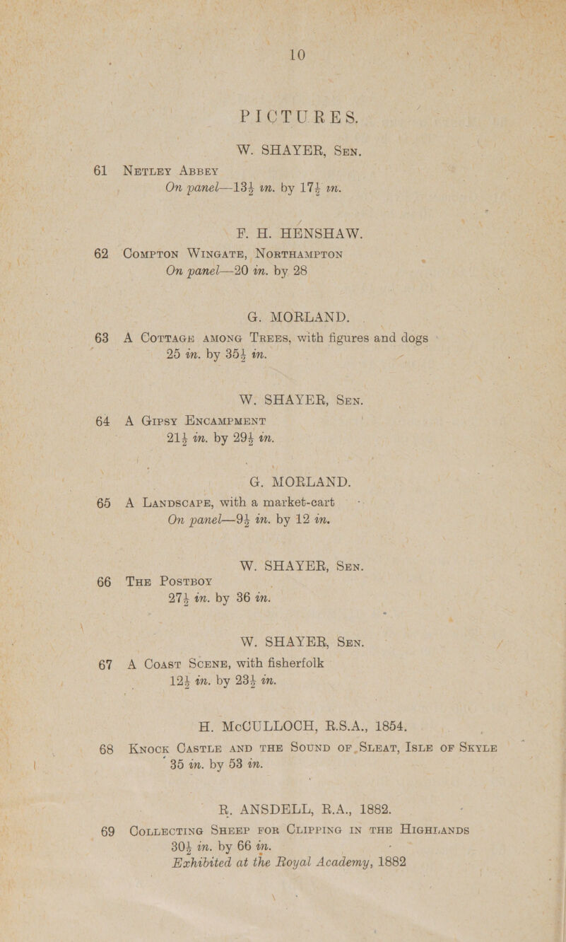 61 62 66 67 68 69 PICTURES, W. SHAYER, Sen. NetiEy ABBEY On panel—134 wm. by 174 wm. F. H. HENSHAW. On panel—20 in. by 28 G; MORLAND. 25 in. by 354 im. yo W. SHAVER, SEN. A Gipsy ENCAMPMENT 214 in. by 994 mn. | G. MORLAND. A LanpscaPg, with a market-cart ~ - On panel—9% in. by 12 mm. W. SHAYER, Sen. THE PosTBOY 274 am. by 36 an. W. SHAYER, Sev. me Coast ScENE, with fisherfolk 124 an. by 234 on. H, McGULLOCH, R.S.A., 1854. Knock CASTLE AND THE SOUND OF _SLEAT, ISLE oF SKYLE 35 un. by 53 am. R. ANSDELL, B.A., 1882. CoLLECTING SHEEP FOR CLIPPING IN THE HIGHLANDS 304 mm. by 66 wm. Hahibited at the Royal ek 1882