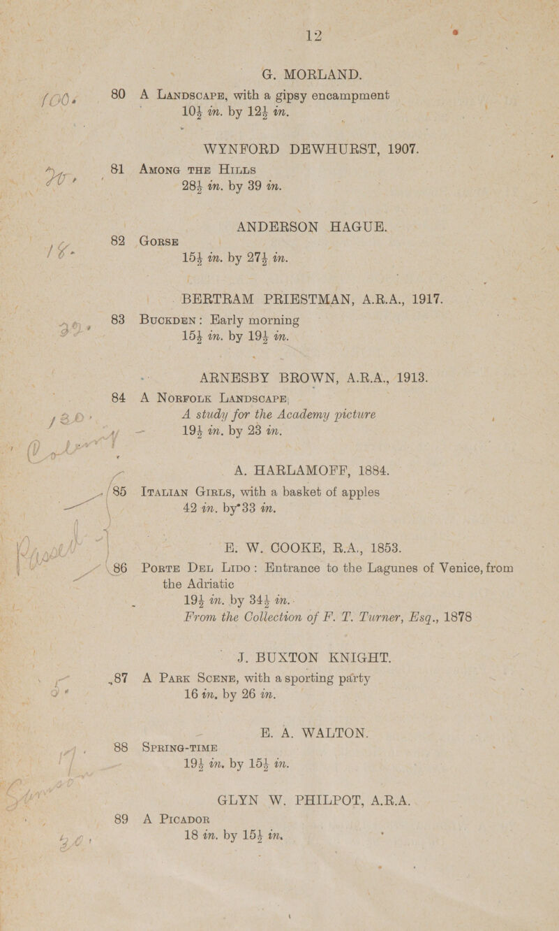 [ { W 4 G. MORLAND. 80 A Lanpscaps, with a gipsy encampment 104 wn. by 124 an. 7 ae w WYNFORD DEWHURST, 1907. 281 in. by 39 in. / ANDERSON HAGUE. 82 GORSE 154 m. by 274 an. _ BERTRAM PRIESTMAN, A.RB.A., 1917. 83 Buoxpen: Harly morning 153 an. by mee mM. ARNESBY BROWN, A.R.A., 1913. 84 A Norrouk LANDSCAPE: A study for the Academy picture A. HARLAMOFF, 1884. 42 wn. by*33 in. E. W. COOKE, B.A., 1853. the Adriatic 194 an. by 344 an.. From the Collection of F. T. Turner, Esq., 1878 J. BUXTON KNIGHT. 16 wm. by 26 an. : H. A. WALTON. 88 SPRING-TIME 193 on. by 154 am. GLYN. W.. PHITEPOT, AR-A. 89 A PiIcADOR 18 in. by 153 am.