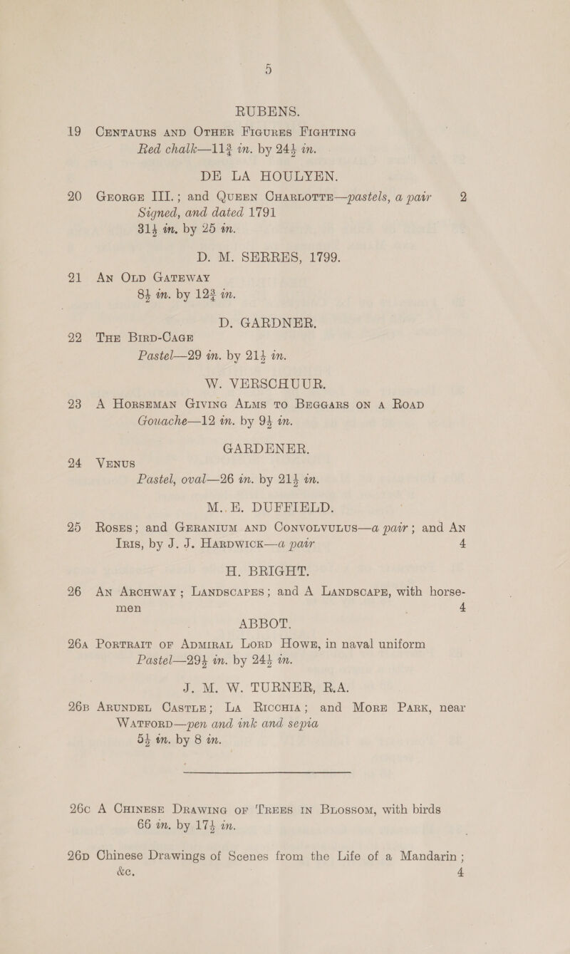 ies, 20 21 22 23 25 26 RUBENS. CENTAURS AND OTHER Figures FIGHTING Red chalk—11# in. by 244 wm. DE LA HOULYEN. GrorGe III.; and QuEEN CHarLoTTE—pastels, a pair 9 Signed, and dated 1791 314 in. by 25 an. D. M. SHERRES, 1799. An Otp GATEWAY 84 an. by 123 on. 3 D. GARDNER. THE Brirp-CaGce Pastel—29 wm. by 214 a. W. VERSCHUUR. A Horseman Giving AzuMS TO BEGGARS ON A ROAD Gowache—12 in. by 94 tn. GARDENER. VENUS Pastel, oval—26 in. by 214 an. M.,E. DUFFIELD. Roses; and GERANIUM AND CoNVOLVULUS—a patr; and AN Iris, by J. J. Hanpwick—a pair i HH, BRIGHT: An ArncHway; Lanpscapss; and A Lanpscaper, with horse- men 4 ABBOT. Pastel—294 in. by 244 om. J. M. W. TURNER, R.A. Watrorp—pen and ink and sepia os mm. by 8 in. 66 on. by 174 in.